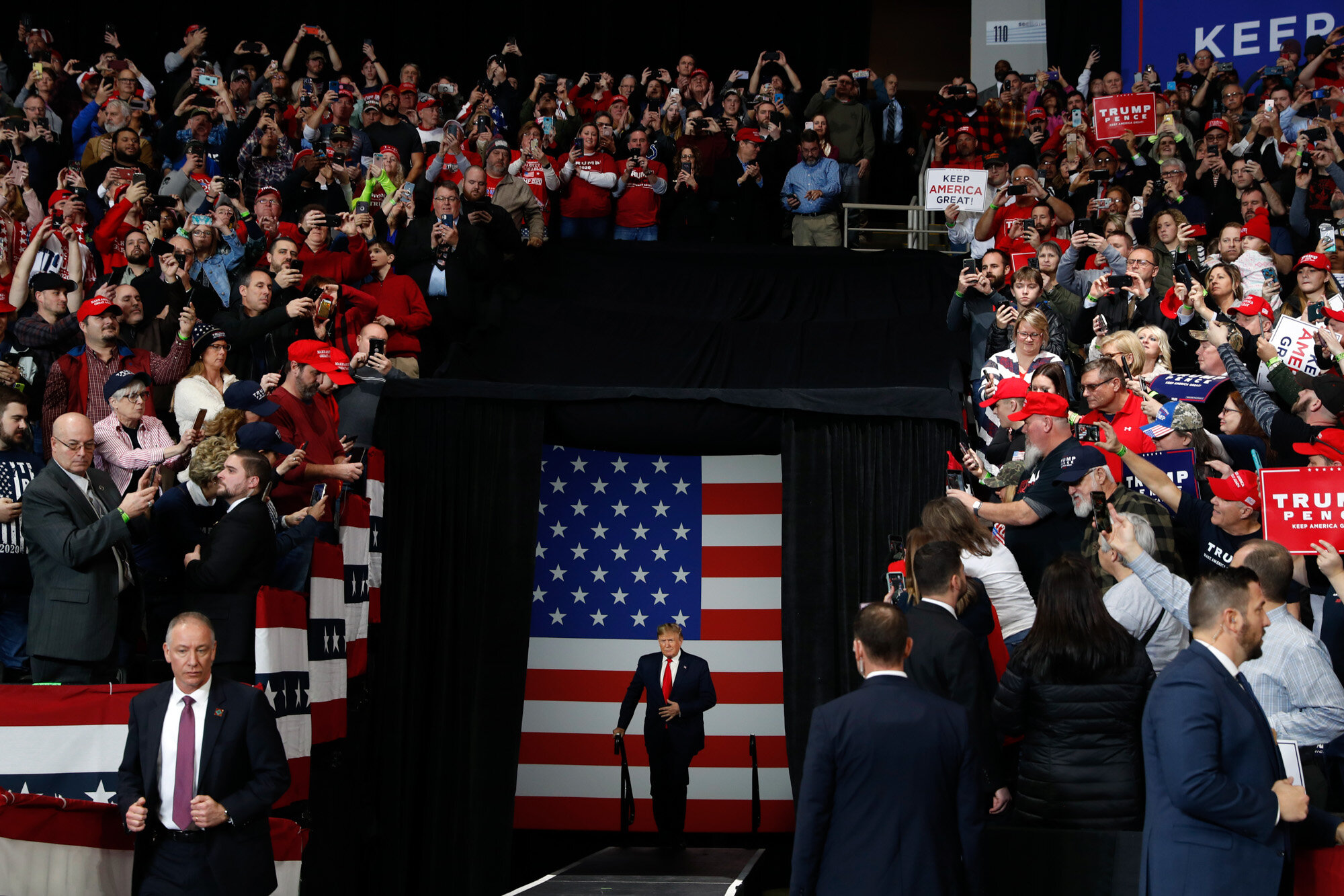 President Donald Trump arrives at a campaign rally in Toledo, Ohio, on Jan. 9, 2020. (AP Photo/Jacquelyn Martin)