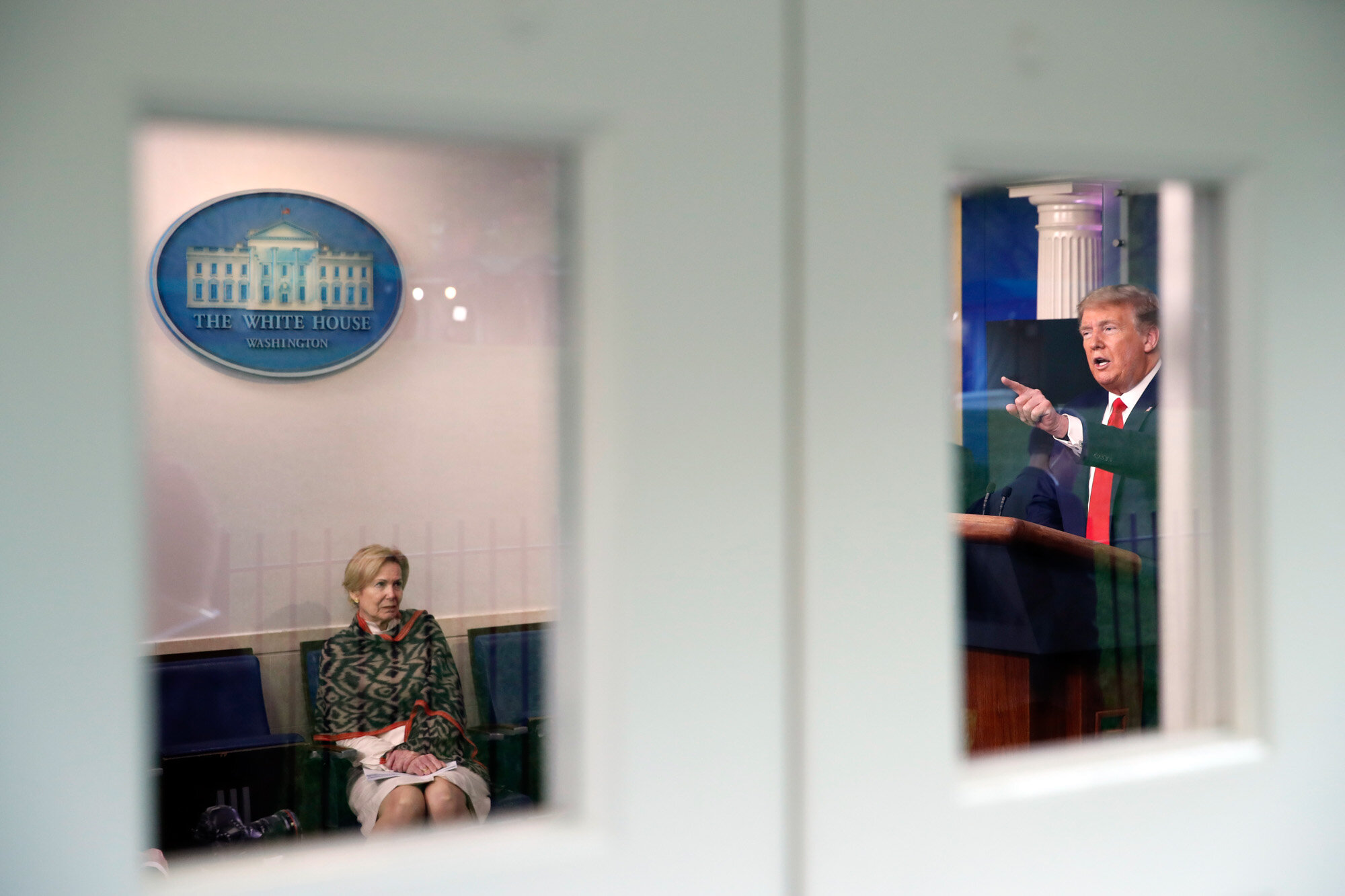  President Donald Trump holds a press conference about the coronavirus at the White House in Washington on April 13, 2020. At left is Dr. Deborah Birx, White House coronavirus response coordinator. (AP Photo/Alex Brandon) 
