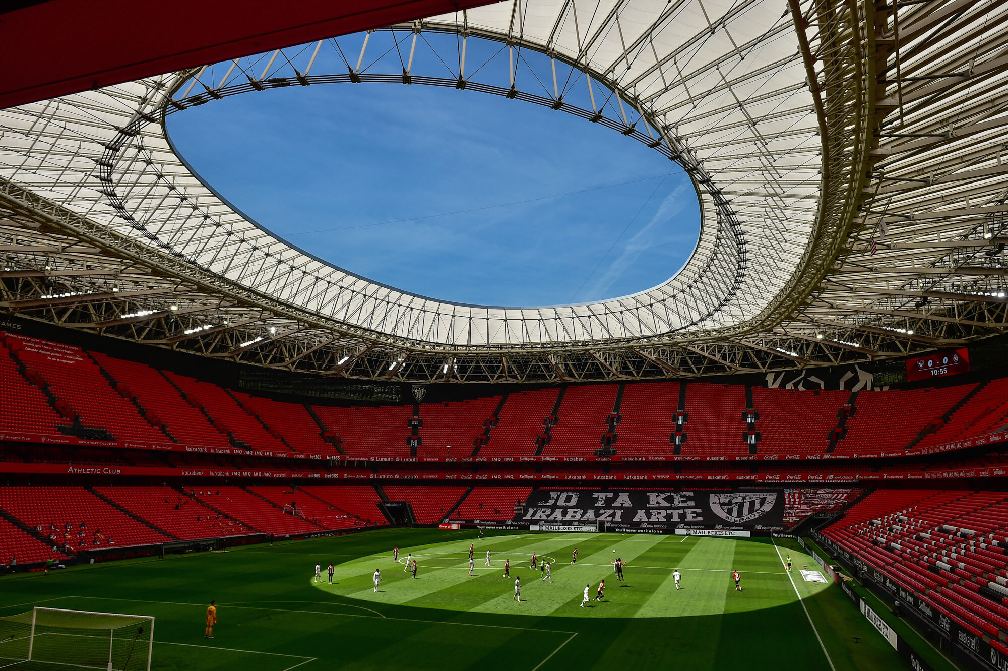 Athletic Club and Real Madrid play during their Spanish La Liga soccer match at the San Manes stadium, which is nearly empty, in Bilbao, Spain, on July 5, 2020. (AP Photo/Alvaro Barrientos)