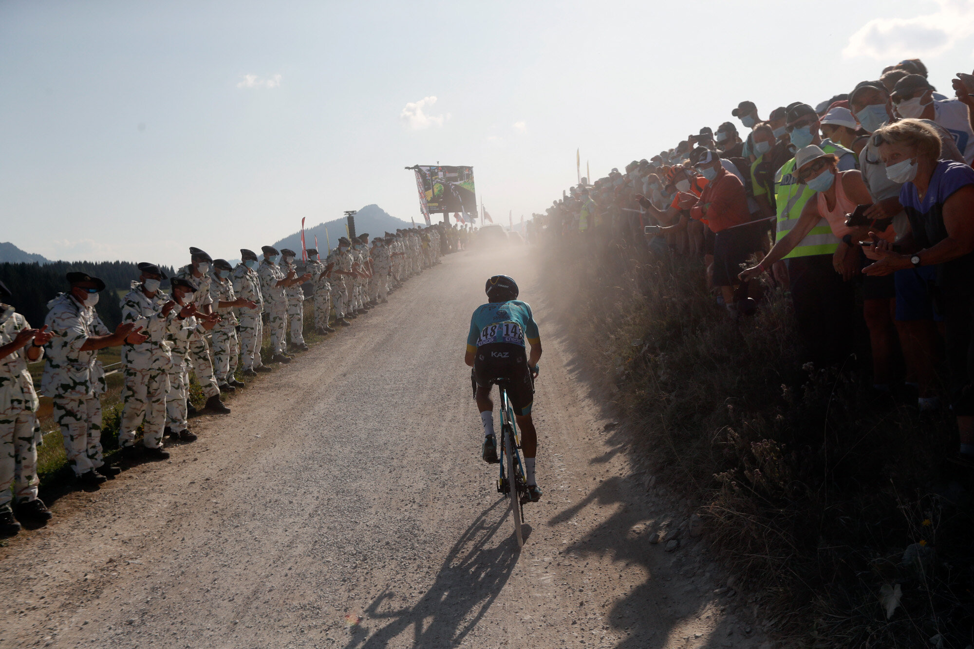 Colombia's Harold Tejada climbs Plateau des Glieres during the stage 18 of the Tour de France cycling race over 175 kilometers (108.7 miles) from Meribel to La Roche-sur-Foron, France, on Sept. 17, 2020. (AP Photo/Thibault Camus)