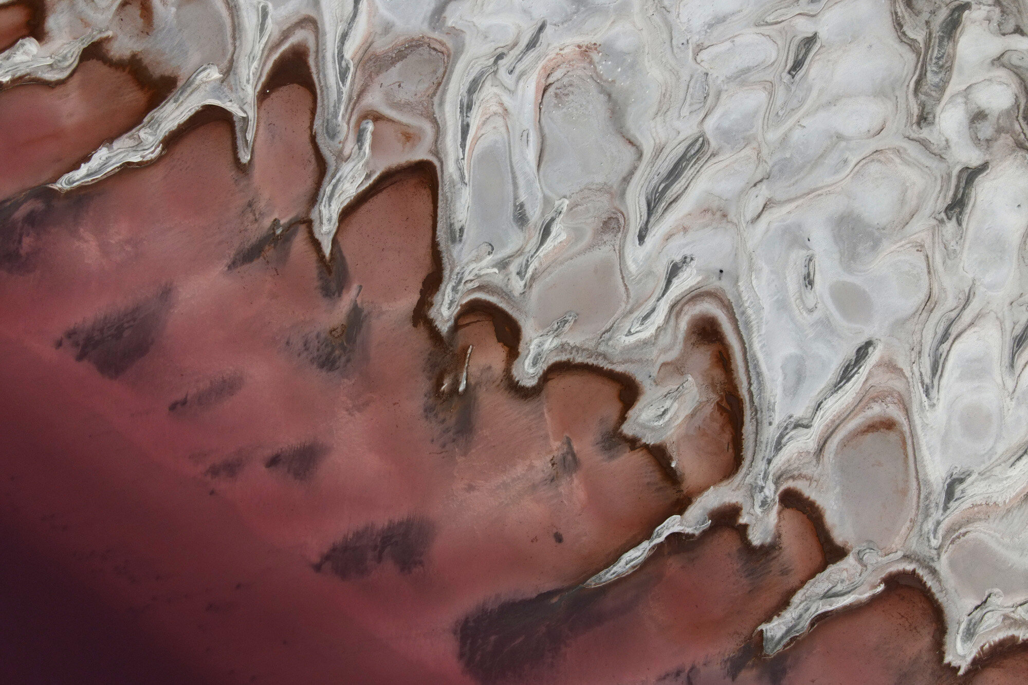 This image shot from a drone shows a reddish tint along the shore of the Great Salt Lake in Howell, Utah, on Oct. 8, 2020. The red hue of the north arm of the lake comes from a type of bacteria, known as halophilic bacteria, that flourishes when the salt level rises. (AP Photo/Julio Cortez)