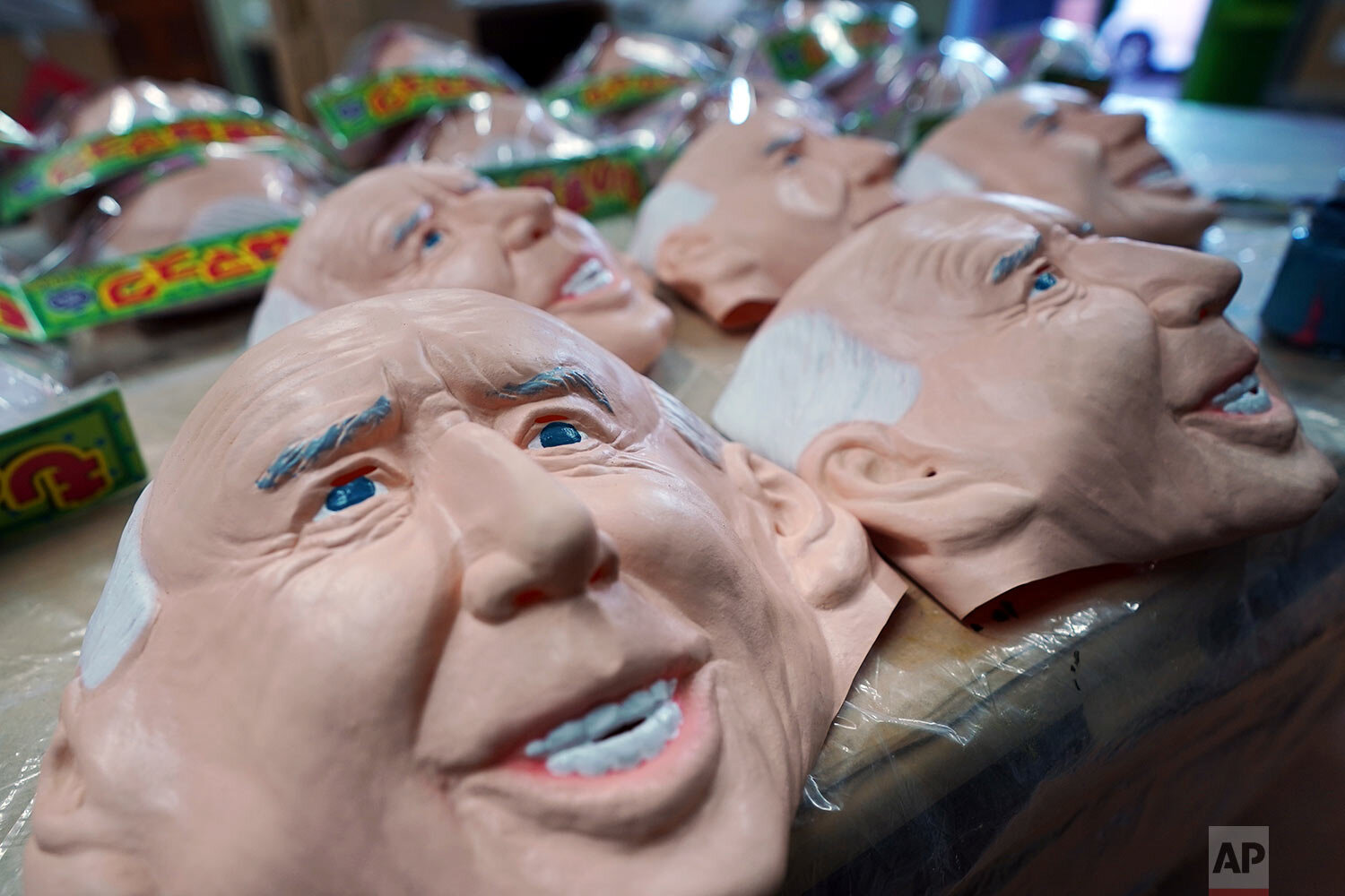  Rubber masks depicting President-elect Joe Biden sit on a work table at the Ogawa Studios in Saitama, north of Tokyo, Wednesday, Nov. 11, 2020. (AP Photo/Eugene Hoshiko) 