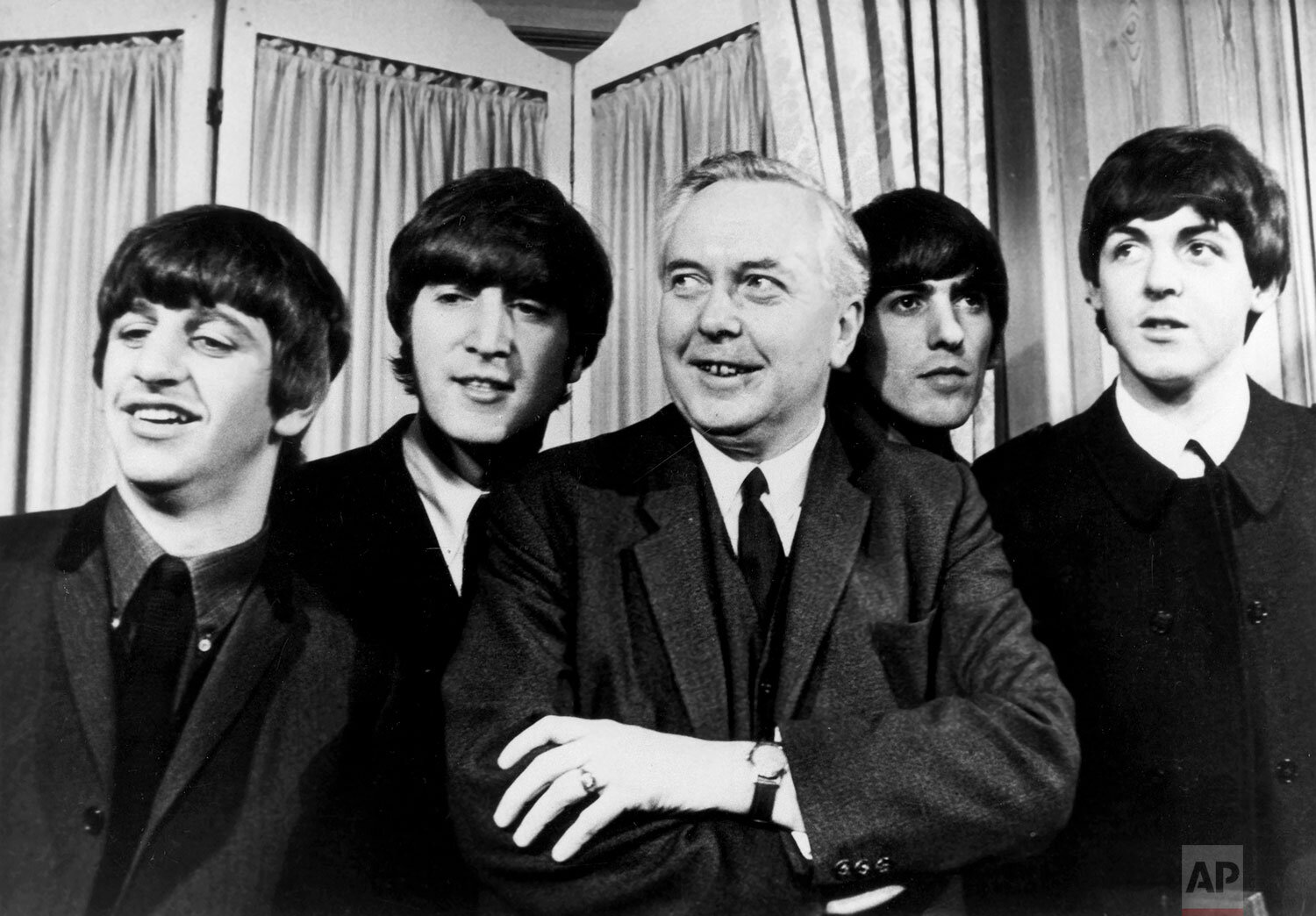  Labour Party leader Harold Wilson is pictured with The Beatles, from left, Ringo Starr, John Lennon, George Harrison and Paul McCartney, during the Variety Club of Great Britain's "Show Business Personality" presentation ceremony at the Dorchester H