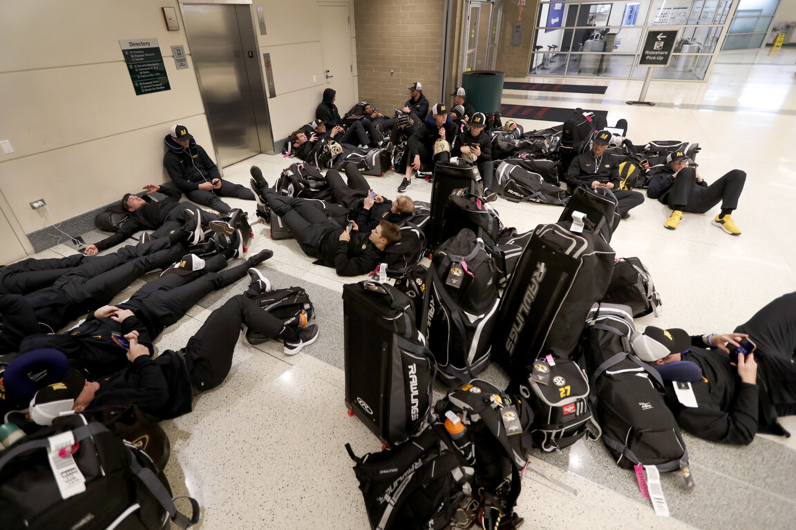  Players with the University of Missouri baseball team wait in the baggage claim area of Chicago's Midway Airport Thursday, March 12, 2020, only to arrive in Chicago and then get notified that the team's SEC Conference opener with Alabama Friday, had