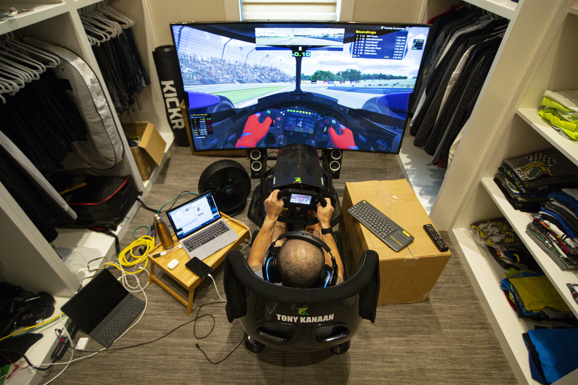  IndyCar driver Tony Kanaan, of Brazil, practices on his racing simulator in his home in Indianapolis, Saturday, March 28, 2020. Kanaan, along with other IndyCar drivers and NASCAR's Jimmie Johnson will compete in the series' inaugural virtual racing