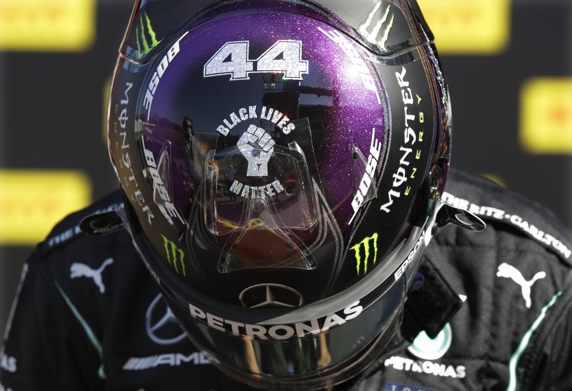  Mercedes driver Lewis Hamilton of Britain looks down after the qualification ahead of the Grand Prix of Tuscany, at the Mugello circuit in Scarperia, Italy, Saturday, Sept. 12, 2020. (AP Photo/Luca Bruno, Pool) 