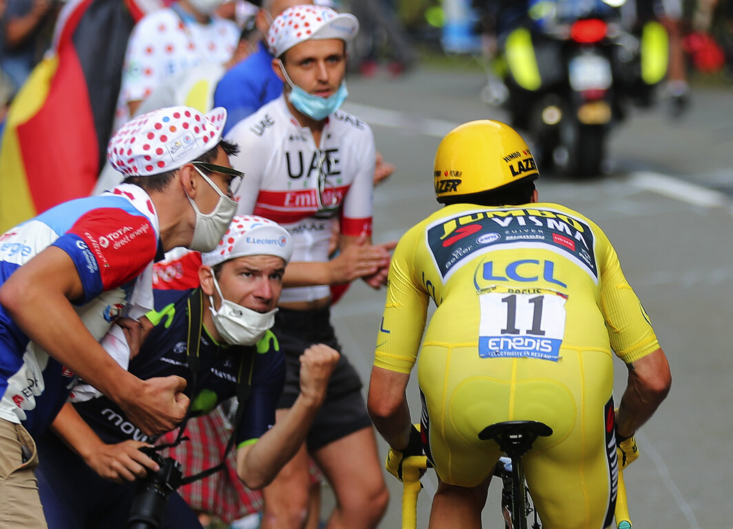  Slovenia's Primoz Roglic competes during stage 20 of the Tour de France cycling race, an individual time trial over 36.2 kilometers (22.5 miles), from Lure to La Planche des Belles Filles, France, Saturday, Sept. 19, 2020. (AP Photo/Thibault Camus) 