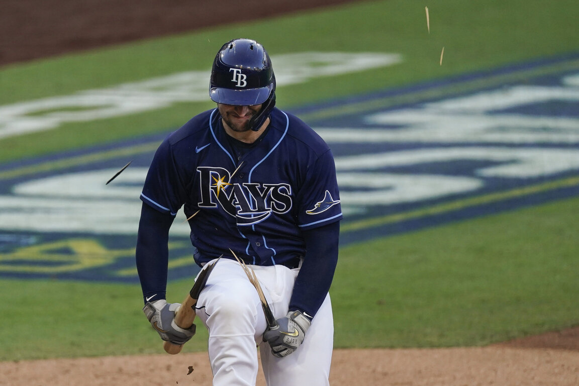  Tampa Bay Rays' Mike Zunino breaks his bat after striking out against the Houston Astros during the fifth inning in Game 6 of a baseball American League Championship Series, Friday, Oct. 16, 2020, in San Diego. (AP Photo/Ashley Landis) 