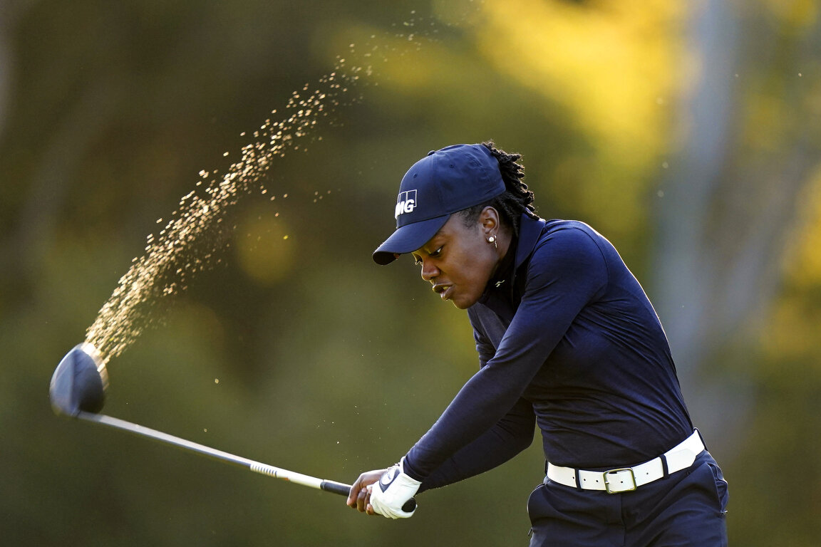  Mariah Stackhouse tees off on the 10th hole during the second round of the KPMG Women's PGA Championship golf tournament at the Aronimink Golf Club, Friday, Oct. 9, 2020, in Newtown Square, Pa. (AP Photo/Matt Slocum) 