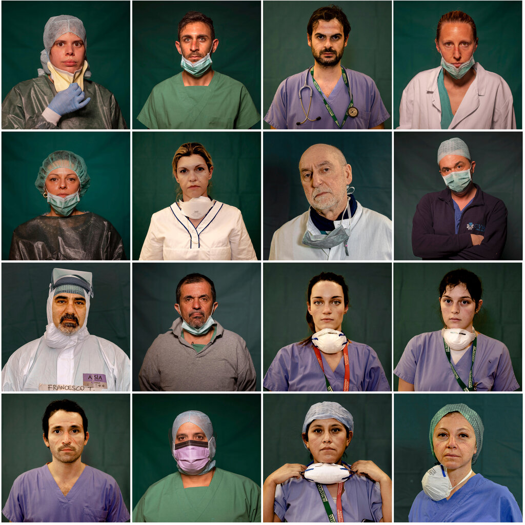  A combo of portraits of Italian doctors and nurses taken during a break or at the end of their shifts in Rome, Bergamo and Brescia, Italy, Friday, March 27, 2020. (AP Photo/Domenico Stinellis, Antonio Calanni, Luca Bruno) 