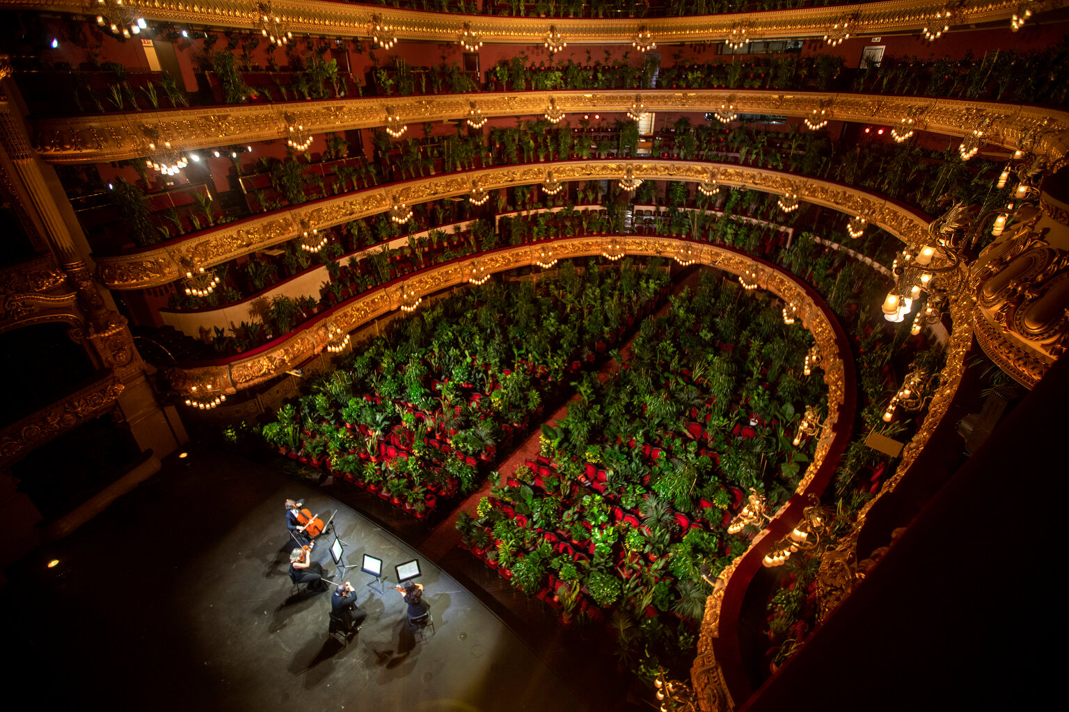 Musicians rehearse at the Gran Teatre del Liceu in Barcelona, Spain, Monday, June 22, 2020. (AP Photo/Emilio Morenatti) 