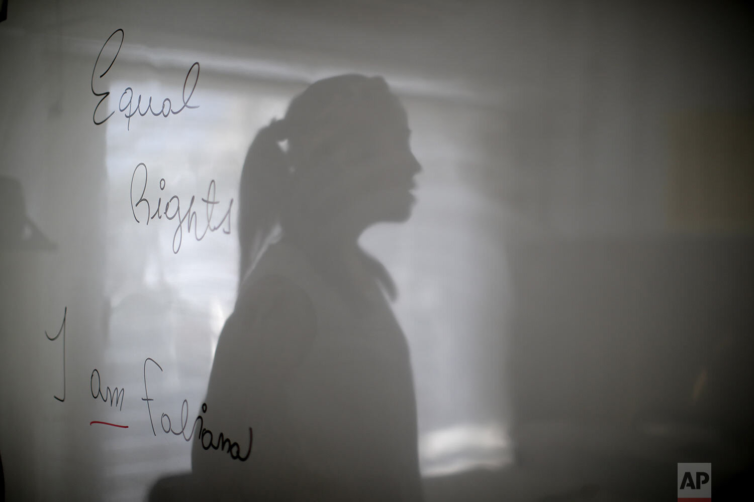 Transgender woman Fabiana Rodríguez, an English teacher, poses for a portrait with her shadow overlaying the message she wrote on her blackboard: "Equal rights, I am Fabiana" during an interview at the English Institute where she works as a language teacher in Buenos Aires, Argentina, Friday, Nov. 13, 2020. In September, President Alberto Fernández signed a decree establishing a 1% employment quota for transgender people in the public sector. (AP Photo/Natacha Pisarenko)