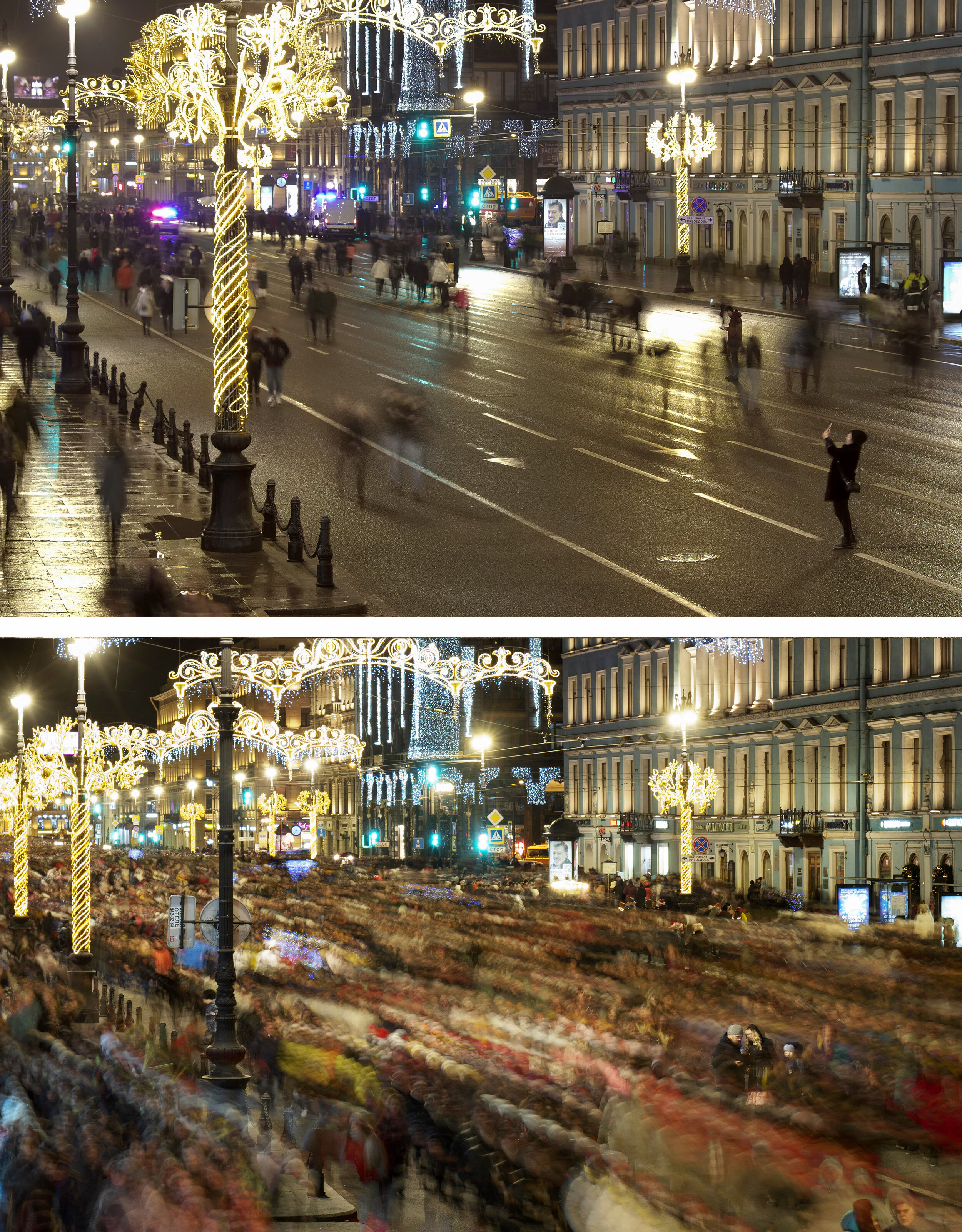 This combo of images shows at top, a few people walking along Nevsky prospect, central avenue, during New Year celebration in downtown St. Petersburg, Russia, Friday, Jan. 1, 2021, and below, a file photo of the same location packed with people on W