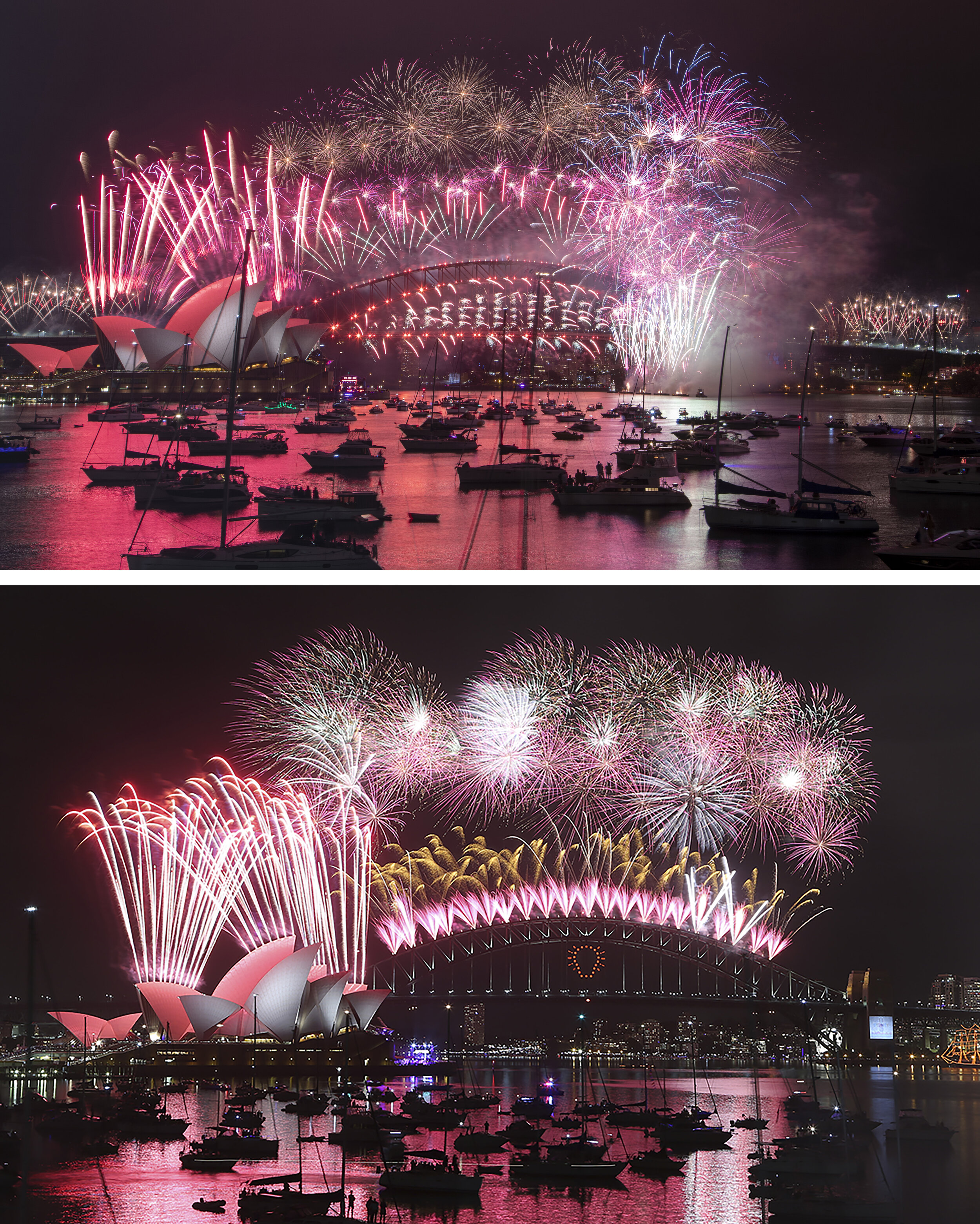 An image combo showing Fireworks exploding over the Sydney Opera House and Harbour Bridge during New Year celebrations in Sydney, Australia, the top photo taken on Friday, Jan. 1, 2021 and the bottom one on Thursday, Jan. 1, 2015. (AP Photo/Mark Bak