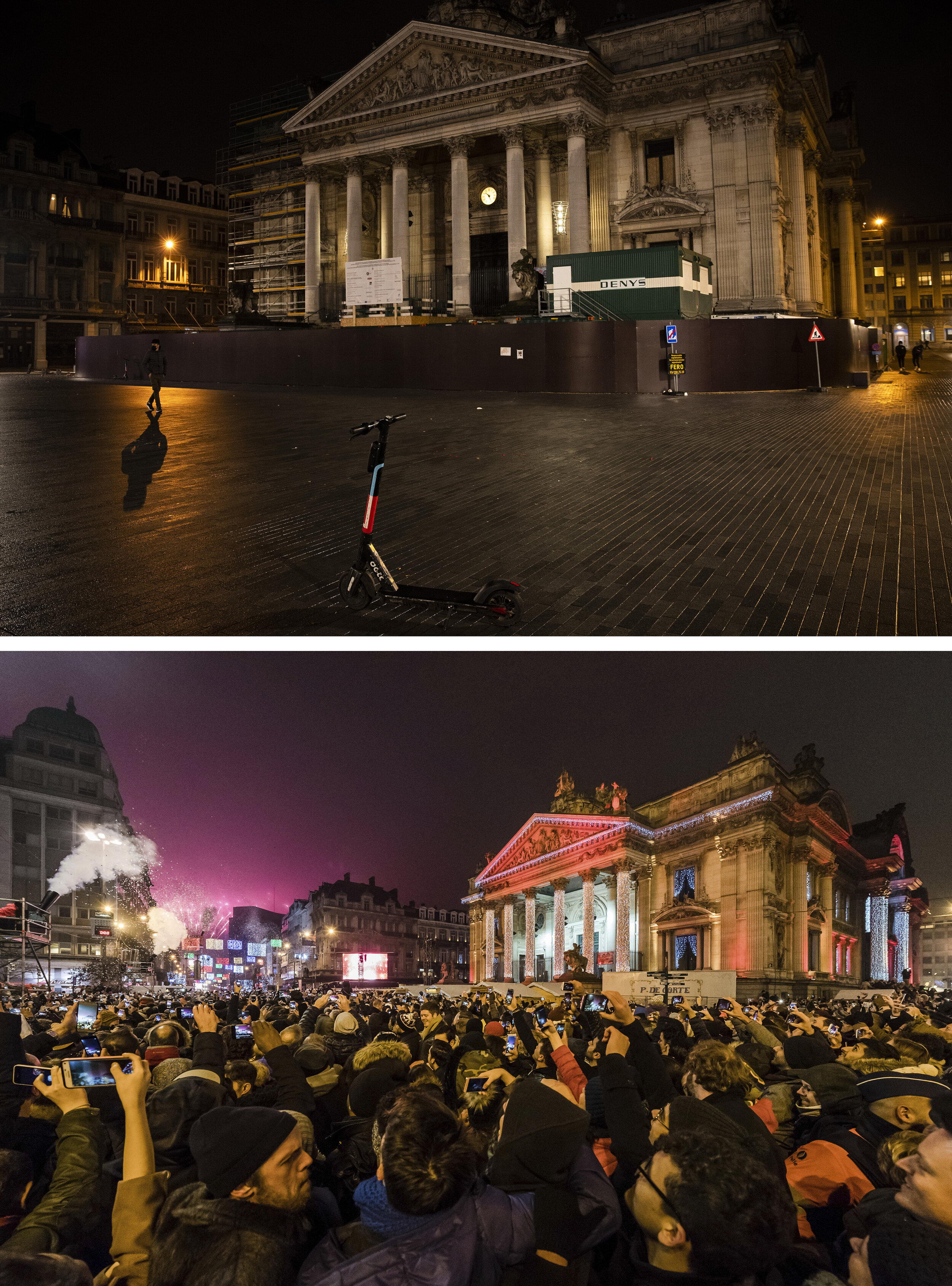 A combo of images that shows an empty historic center in Brussels on Thursday Dec. 31, 2020 and the same location full of revelers celebrating the New Year early on Sunday, Jan. 1, 2017. (AP Photo/Francisco Seco and Geert Vanden Wijngaert)