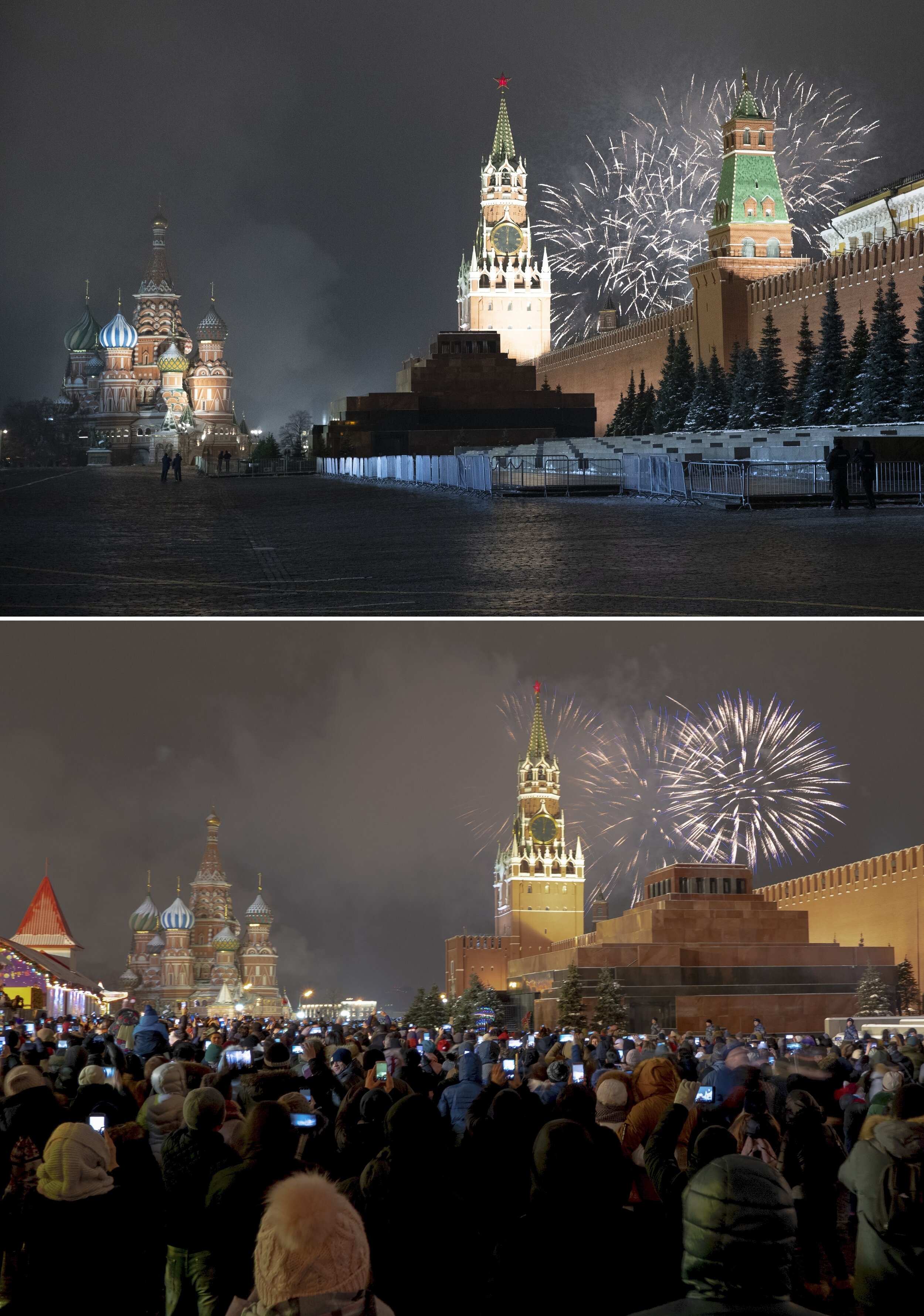 This combo image shows at top fireworks exploding over the Kremlin and the Spasskaya Tower with St. Basil's Cathedral at left in an almost empty Red Square during New Year's celebrations in Moscow, Russia, Thursday, Dec. 31, 2020 and below, a file p