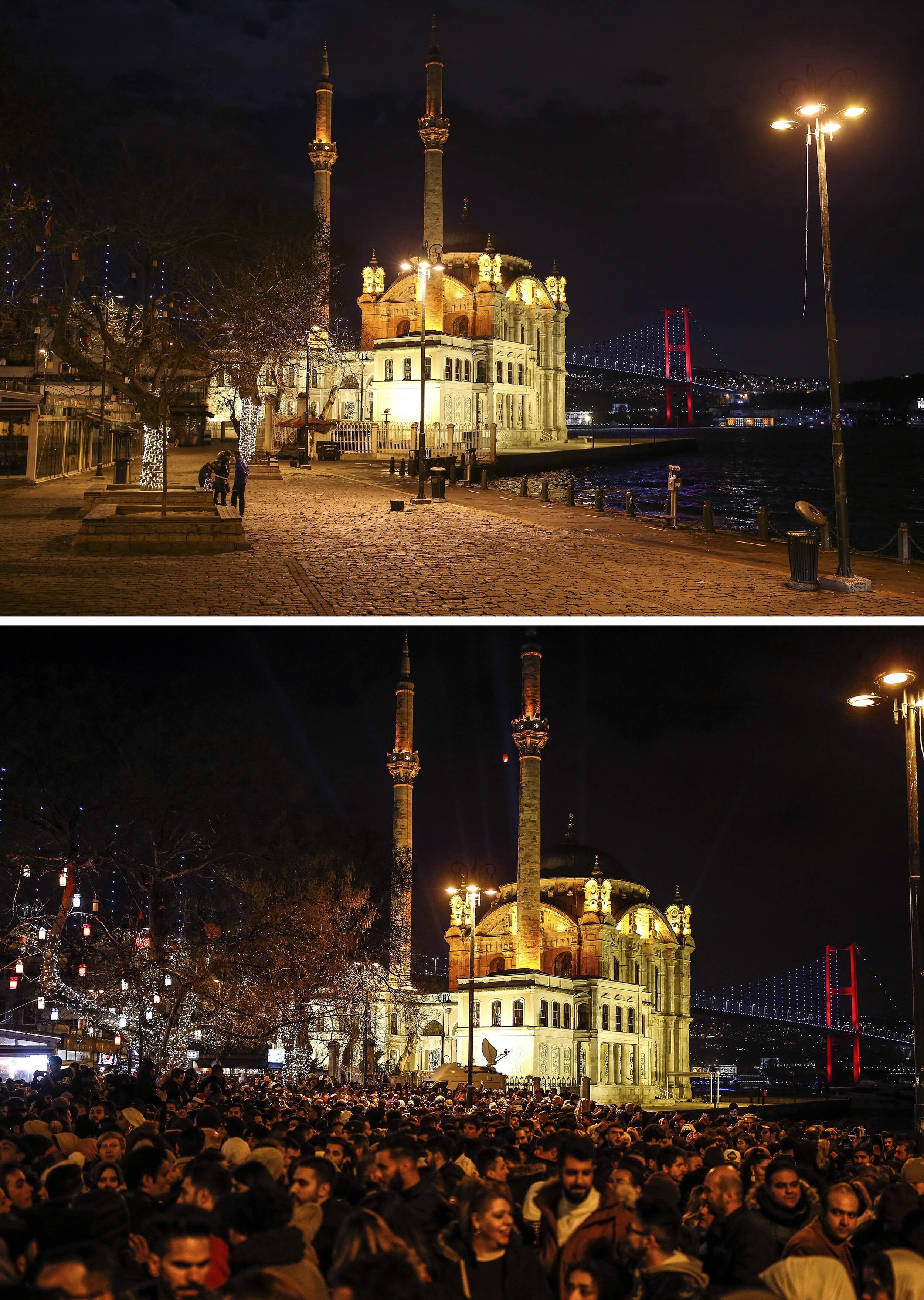 In this combo of images, a few people, on the top image, stand in the plaza in front of the Ottoman-era Mecidiye mosque in Ortakoy square under the "July 15th Martyrs' bridge, formerly known as Bosporus Bridge, over the Bosporus Strait, separating E