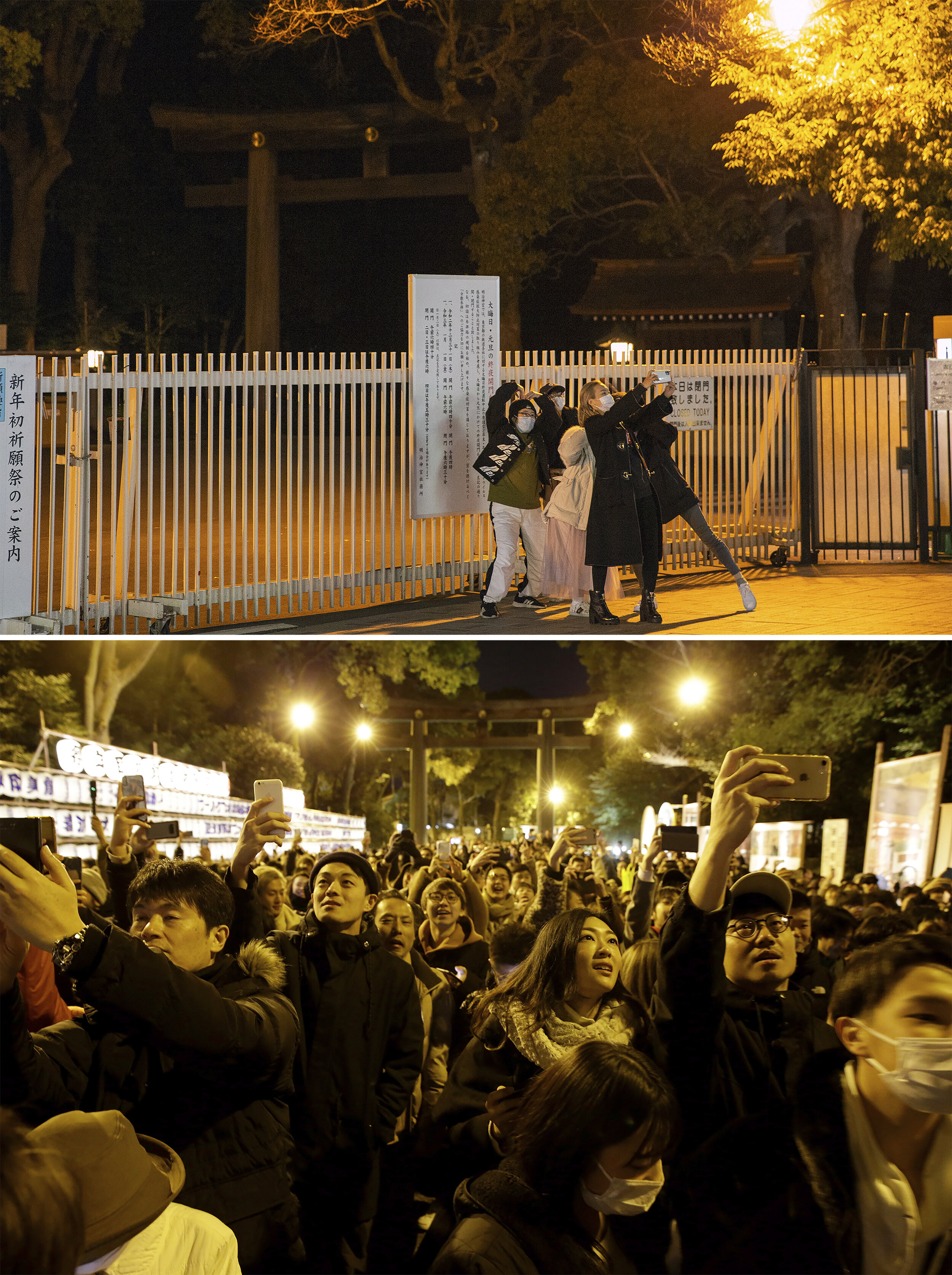 This combination image shows at top, a group of visitors take selfies in front of Maiji Jingu Shinto Shrine Thursday, Dec. 31, 2020, in Tokyo, and below, a Jan. 1, 2020 showing people celebrating the arrival of the year 2020 while waiting for their