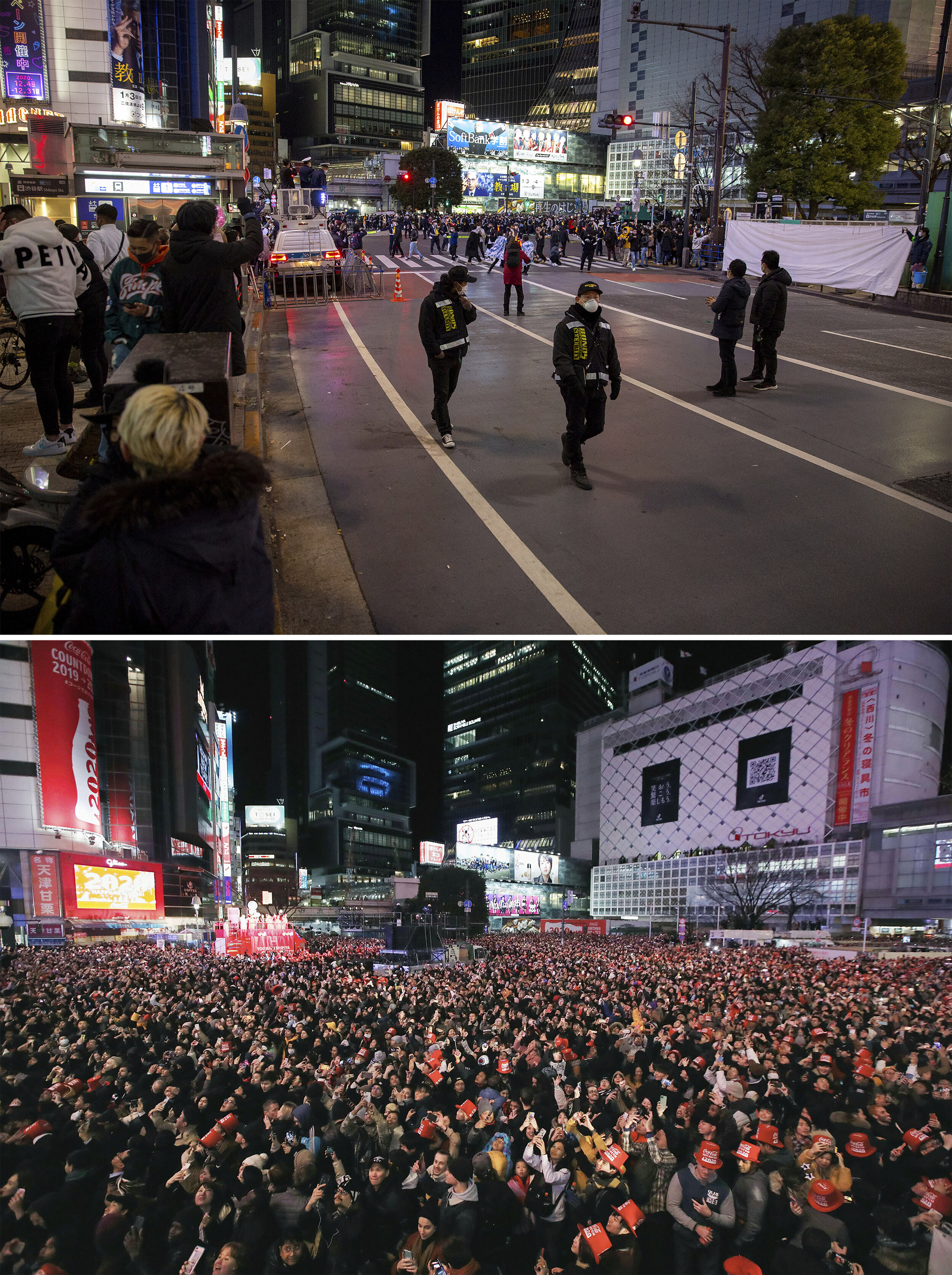 This combo image shows at top, police direct visitors around Shibuya crossing, a popular location for New Year's Eve gathering, Thursday, Dec. 31, 2020, in Tokyo, and below, people gather to welcome the arrival of the New Year at the crossing in Tok