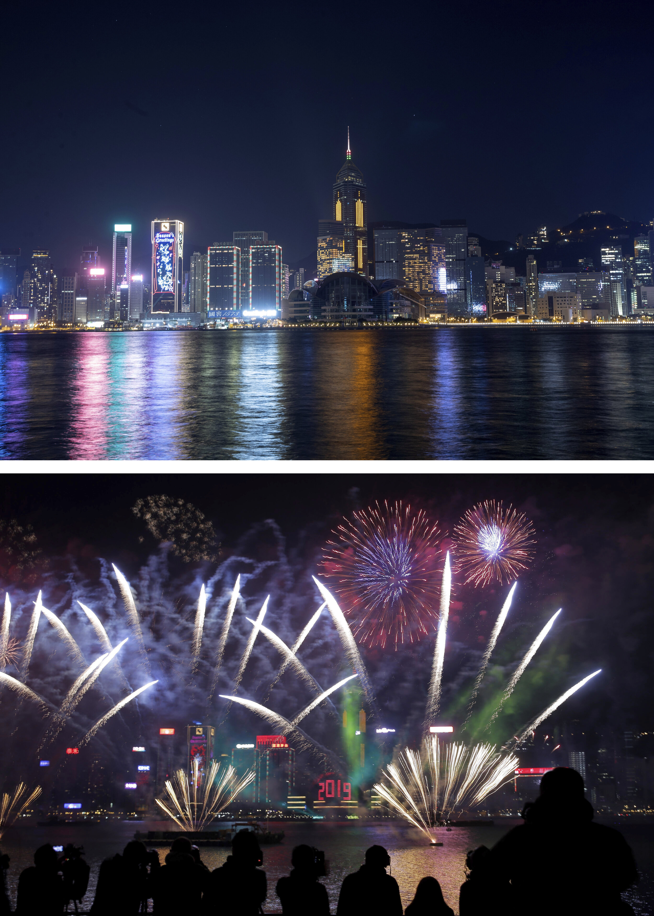 A combo image showing a general view of the Victoria Harbor at the New Year's Eve of year 2021 in Hong Kong, the top photo taken on Thursday, Dec. 31, 2020, and the bottom one on Tuesday, Jan. 1, 2019, fireworks explode over the Victoria Harbor duri