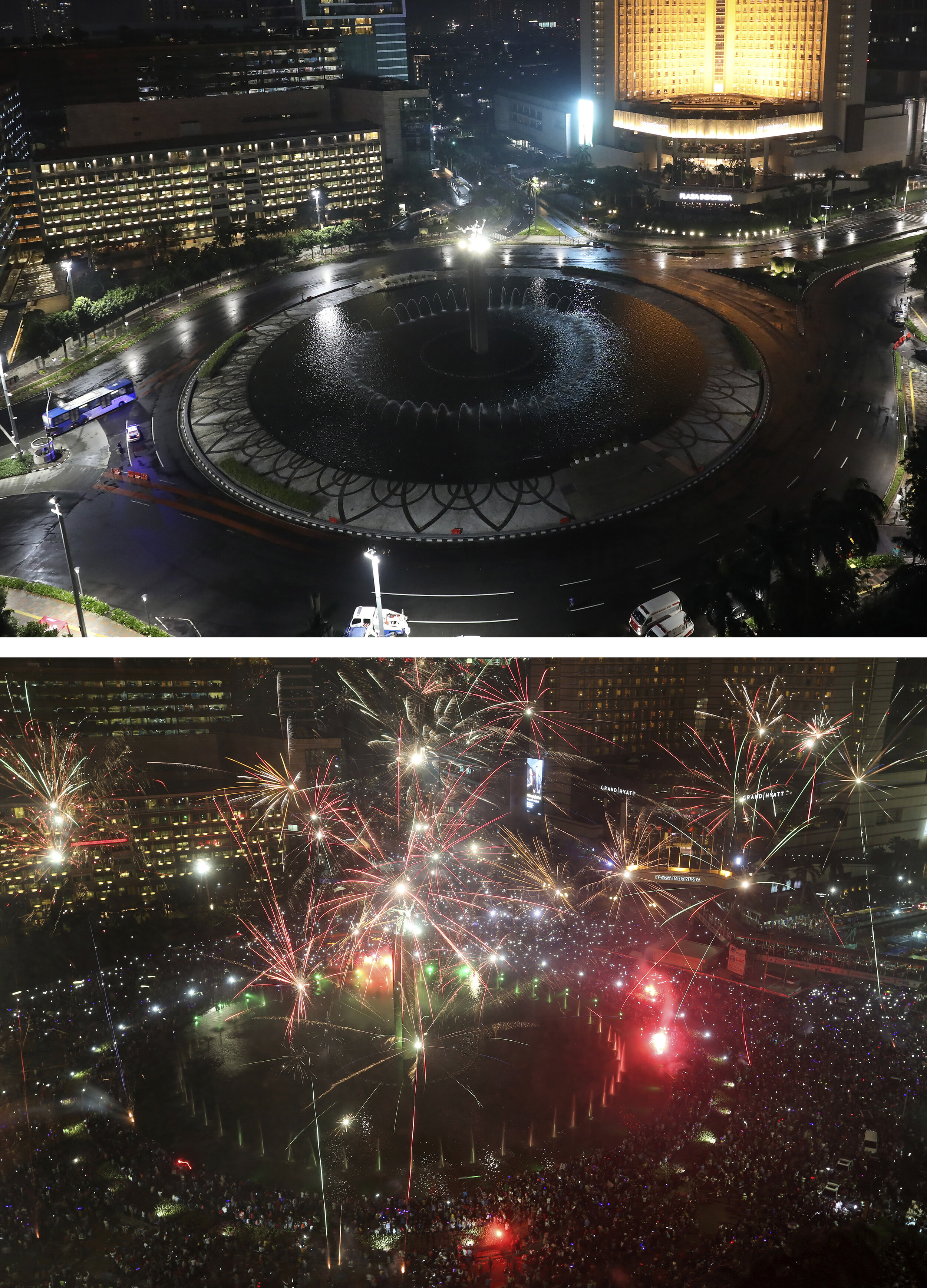 This combo image shows Hotel Indonesia Roundabout in Jakarta, a popular spot for New Year's Eve celebration, taken on Thursday, Dec. 31, 2020, top photo, and Saturday, Dec. 31, 2016, bottom photo. (AP Photo/Dita Alangkara, Tatan Syuflana)
