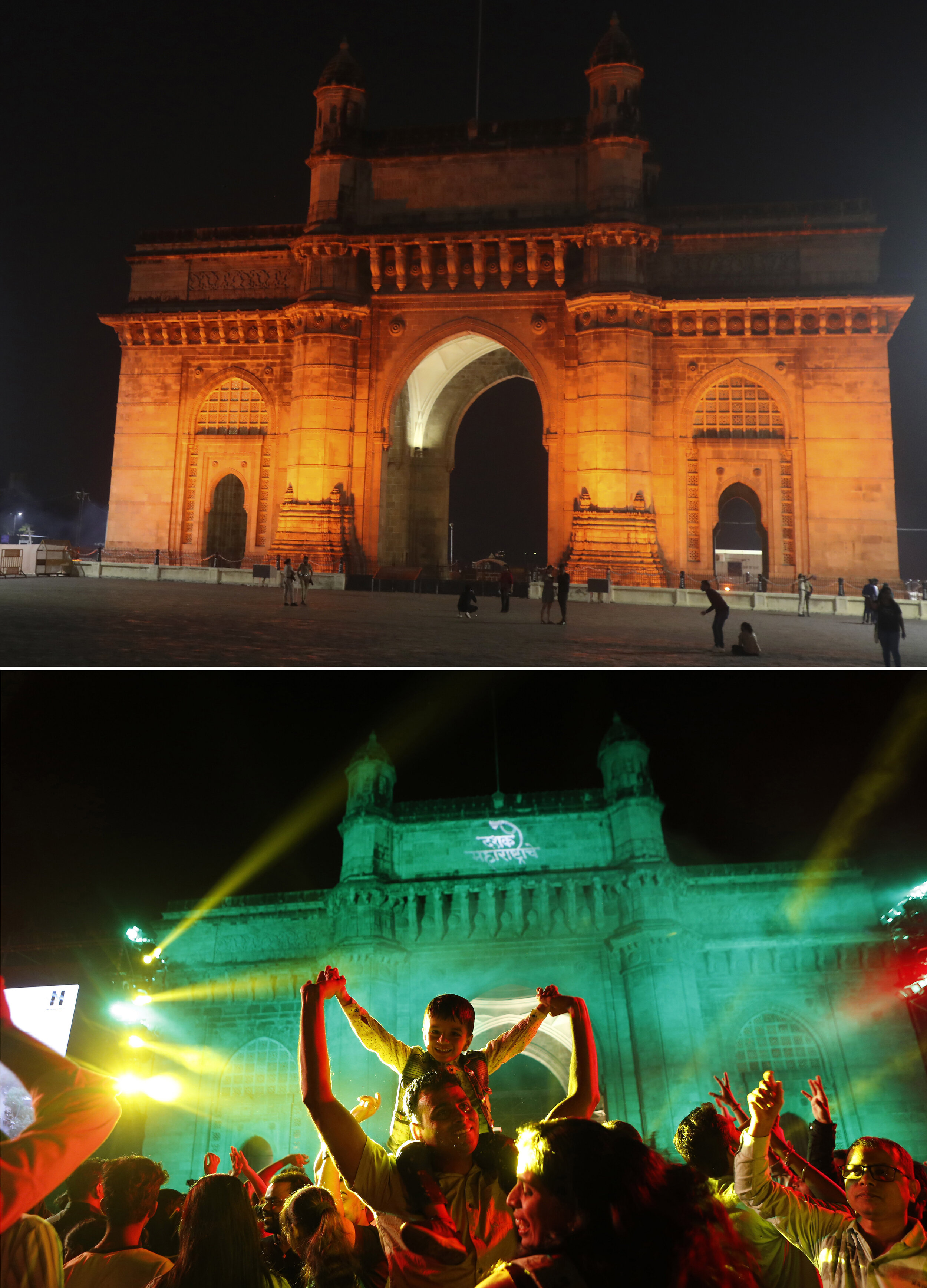 This combination photograph shows a handful of people in front of the iconic Gateway of India, top, a popular place to celebrate New Year's Eve in Mumbai, India, Thursday, Dec. 31, 2020, as compared to a file photograph of a crowd celebrating on Dec