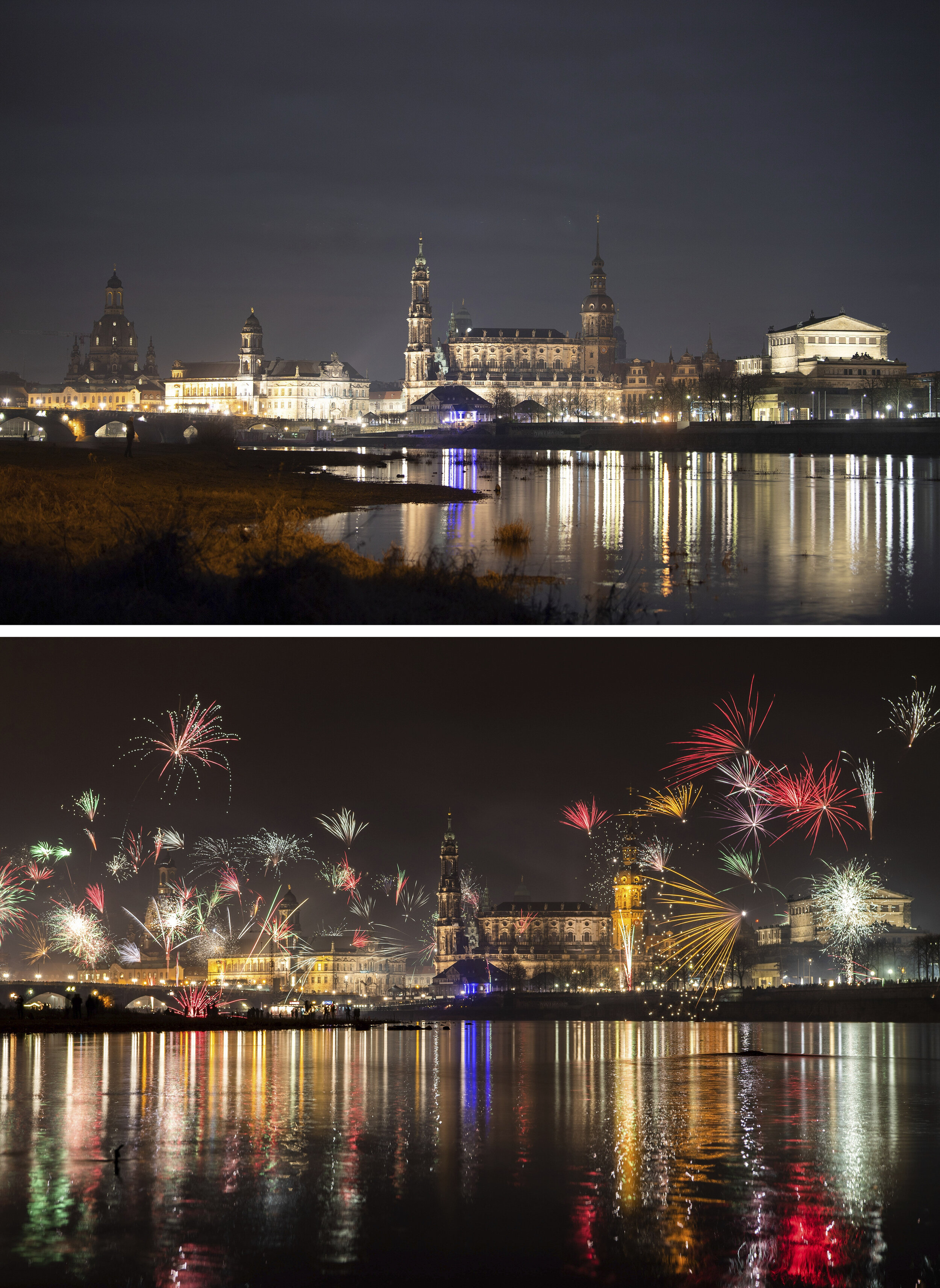 A combo of images shows fireworks in the first minutes of the New Year on Jan. 1, 2020, bottom, and an image taken from the same location in Dresden, Germany early on Jan. 1, 2021 without fireworks. (Sebastian Kahnert/DPA via AP)