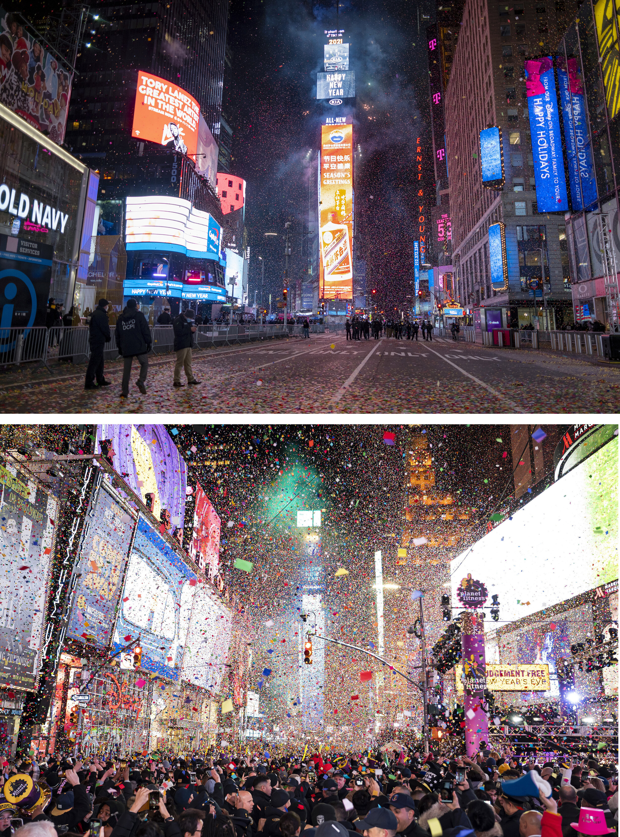 A combo of images shows an almost empty Times Square, top, in the early hours of Friday, Jan. 1, 2021 in New York and the same location taken on Jan. 1, 2020 packed with revelers celebrating the New Year. (AP Photo/Craig Rutte, Ben Hider)