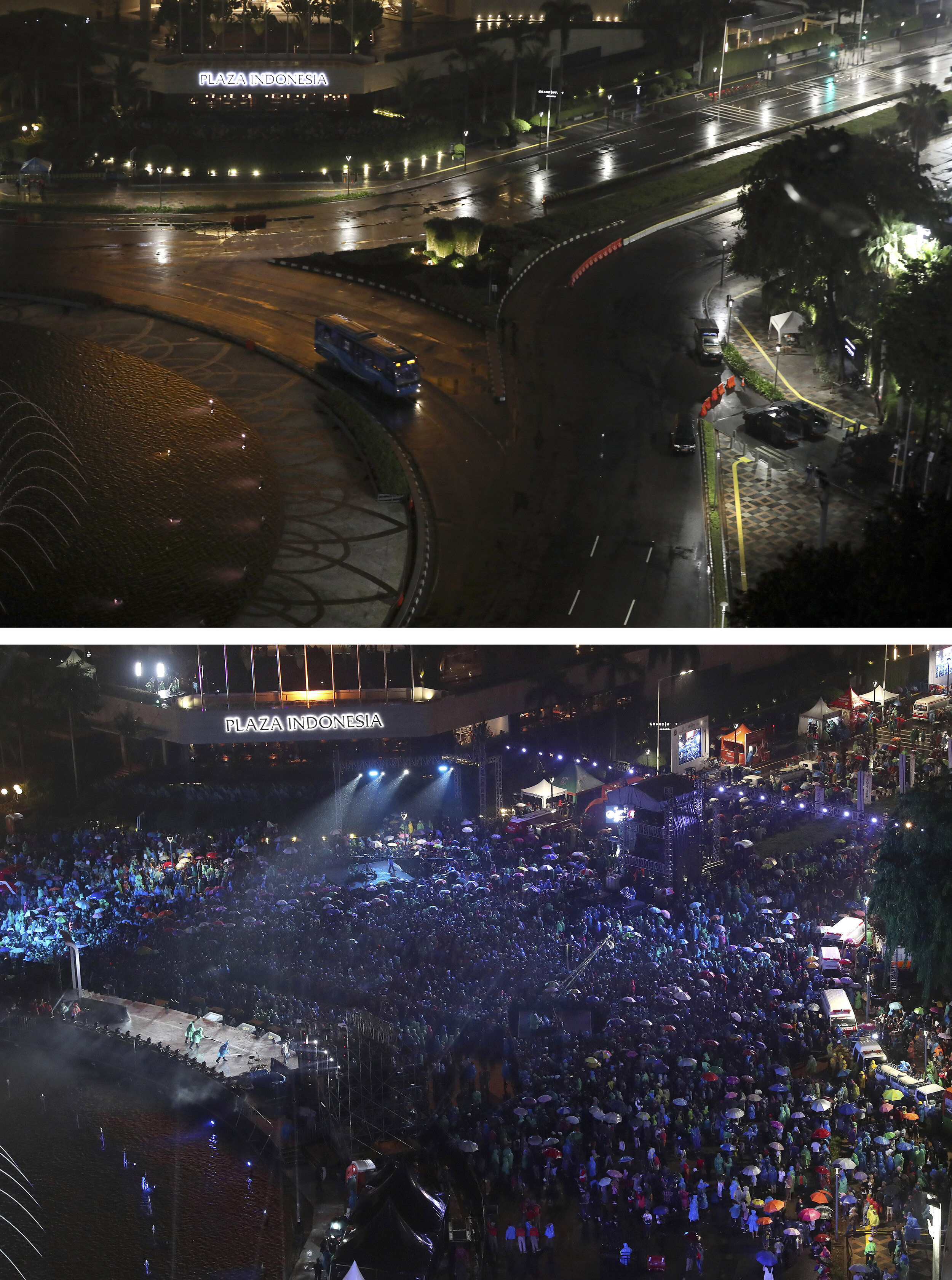 This combo image shows the Hotel Indonesia Roundabout in Jakarta, a popular spot for New Year's Eve celebration, taken on Thursday, Dec. 31, 2020, top photo, and Tuesday, Dec. 31, 2019, bottom photo. (AP Photo/Dita Alangkara, Tatan Syuflana)