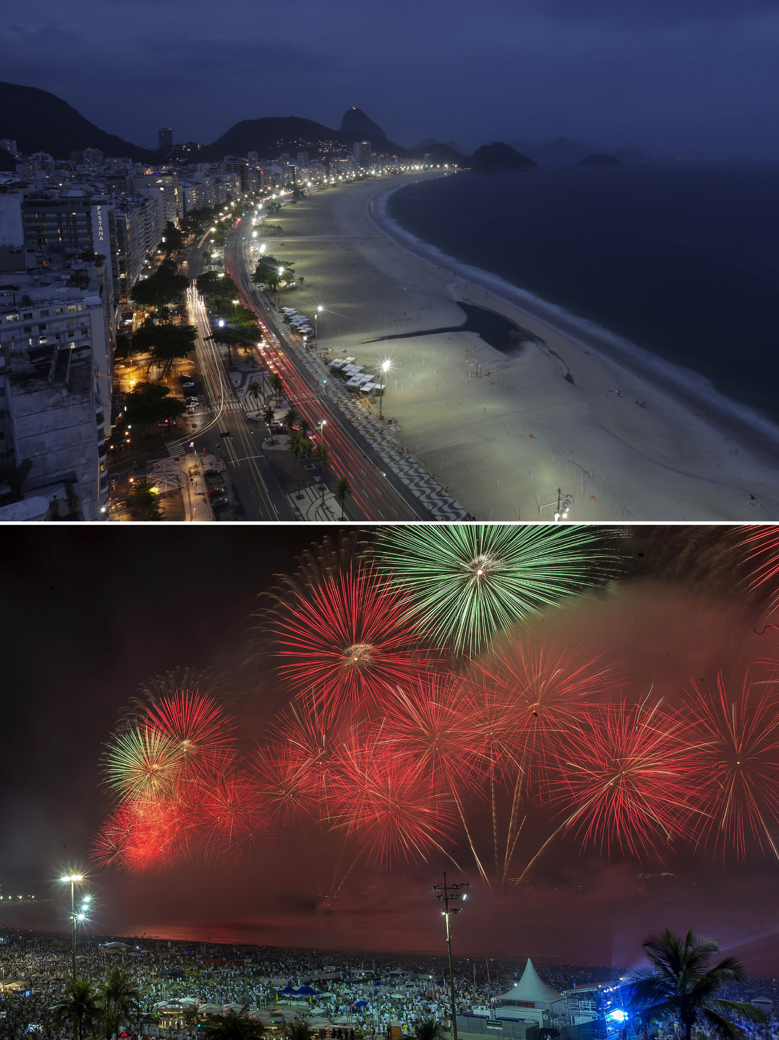 This combo of two photos shows an empty Copacabana Beach amid the COVID-19 pandemic shutdown in Rio de Janeiro, Brazil, Thursday, Dec. 31, 2020, top, contrasted with one year prior, on Jan. 1, 2020, when a crowd watched fireworks on New Year's at th