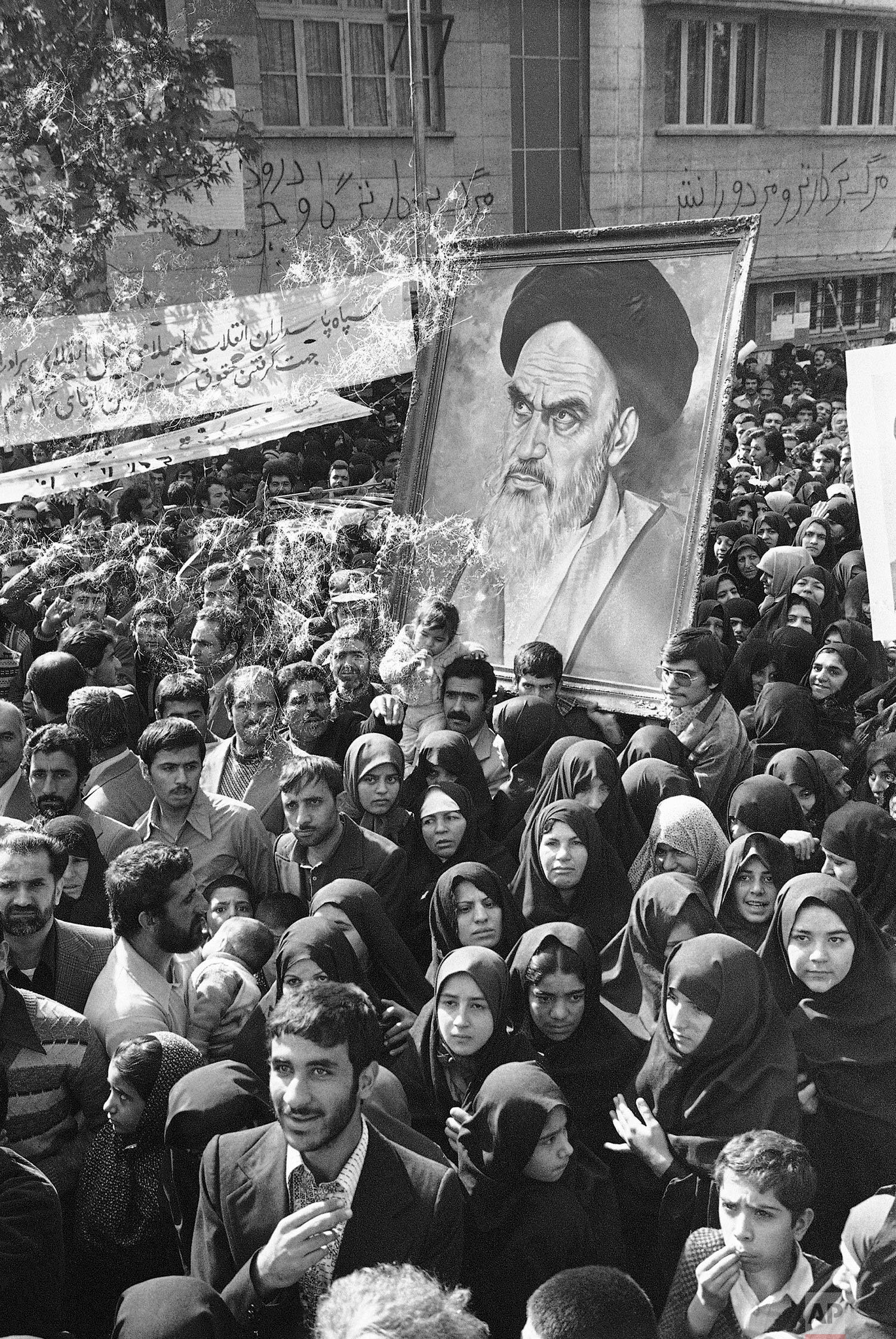  Many thousands of Iranian women clad in their traditional "chador" joined their men-folk on a march towards the United States Embassy in Tehran, Iran, on Wednesday, Nov. 21, 1979.  The embassy is already under occupation by Khomeini soldiers and hol