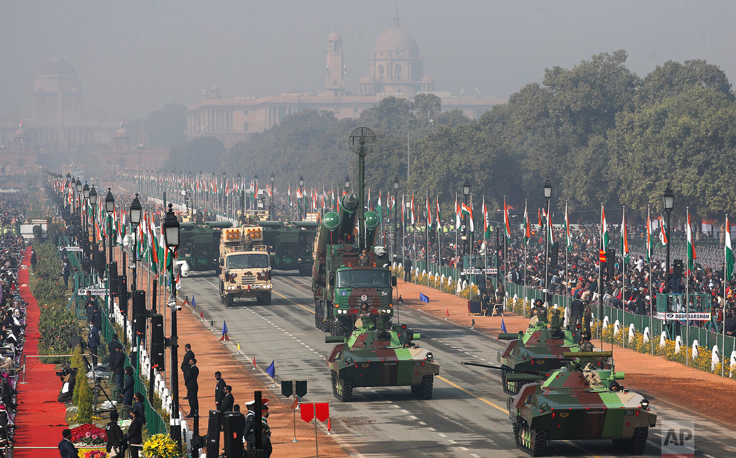  Battle tanks move through the ceremonial Rajpath boulevard during India's Republic Day celebrations in New Delhi, India, Tuesday, Jan. 26, 2021. Republic Day marks the anniversary of the adoption of the country's constitution on Jan. 26, 1950. (AP P