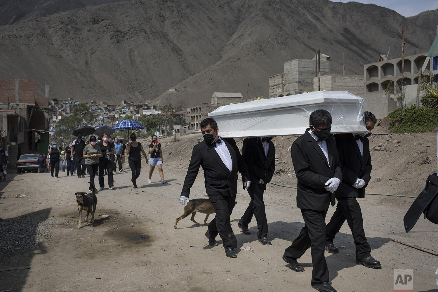  Funeral workers carry the coffin 80-year-old COVID-19 victim Pedro Miguel Infante Vilchez to the "Martires 19 de Julio" cemetery in Comas on the outskirts of Lima, Peru, Jan. 21, 2021. (AP Photo/Rodrigo Abd) 