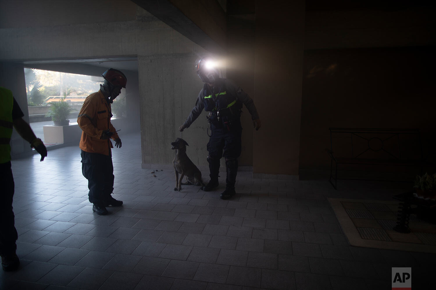  Angels of the Road volunteer paramedic Jonathan Quantip, right center, calms a dog that became agitated after a parking lot car fire at residential building in Caracas, Venezuela, Monday, Feb. 8, 2021. (AP Photo/Ariana Cubillos) 