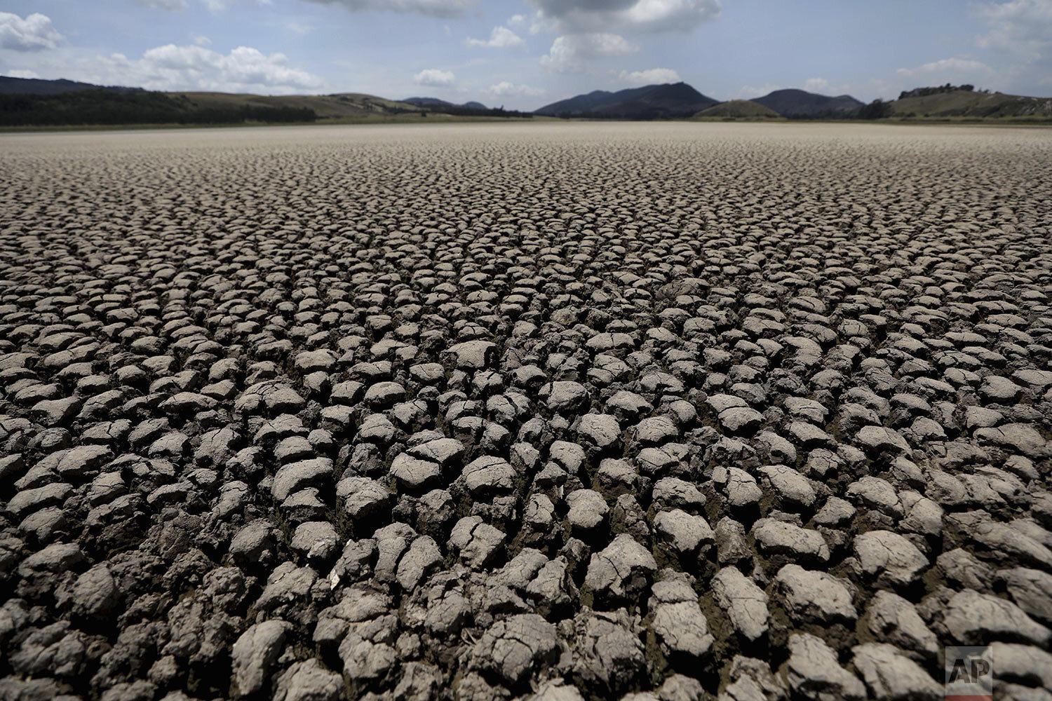  The lakebed of Suesca lagoon is dry and cracked after years of very little rainfall in Suesca, Colombia, Feb. 17, 2021. (AP Photo/Fernando Vergara) 