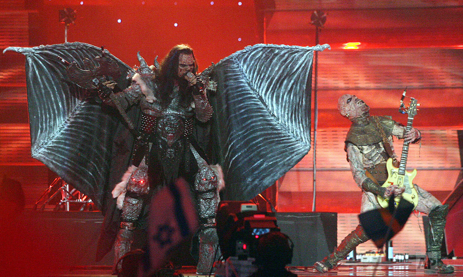  Singer of the group Lordi performs for Finland with the song 'Hard rock hallelujah' during the Eurovision final at the Indoor Olympic stadium in Athens, late Saturday, May 20, 2006. Lordi won the Eurovision song contest early Sunday, May 21. (AP Pho