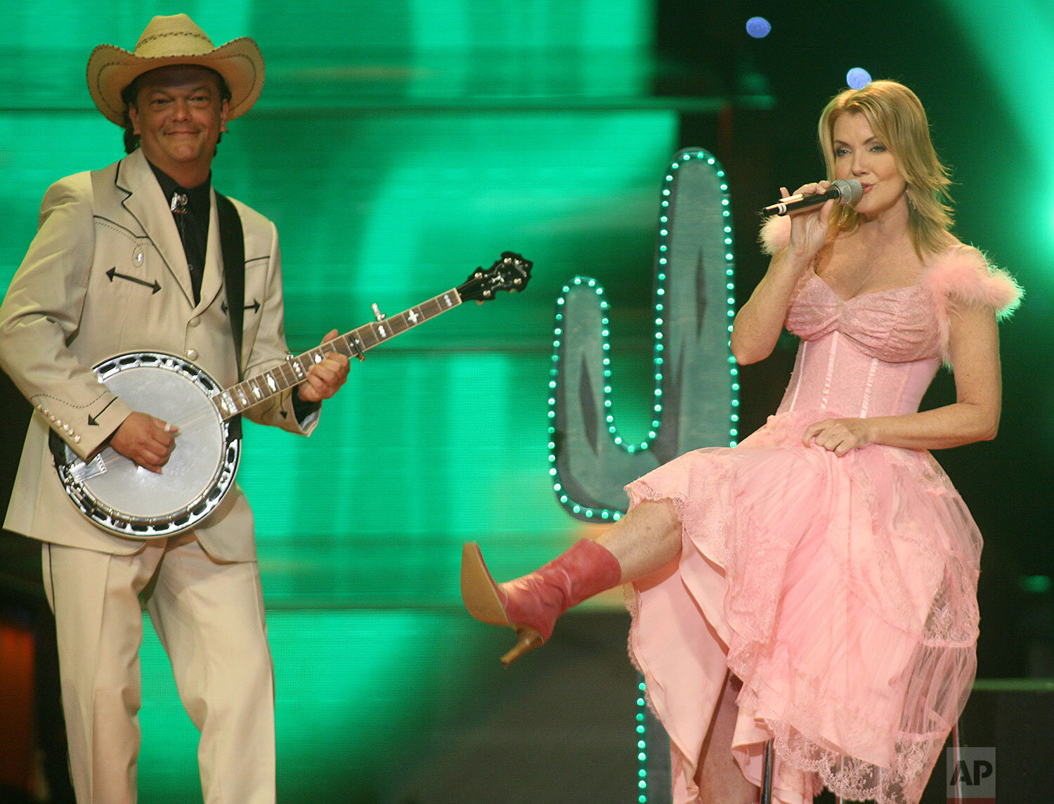  Members of group Texas Lightning perform for Germany with the song "No, No Never" during the dress rehearsal for the finals of the Eurovision song contest at the Indoor Olympic stadium in Athens on Friday, May 19, 2006.  (AP Photo/Thanassis Stavraki