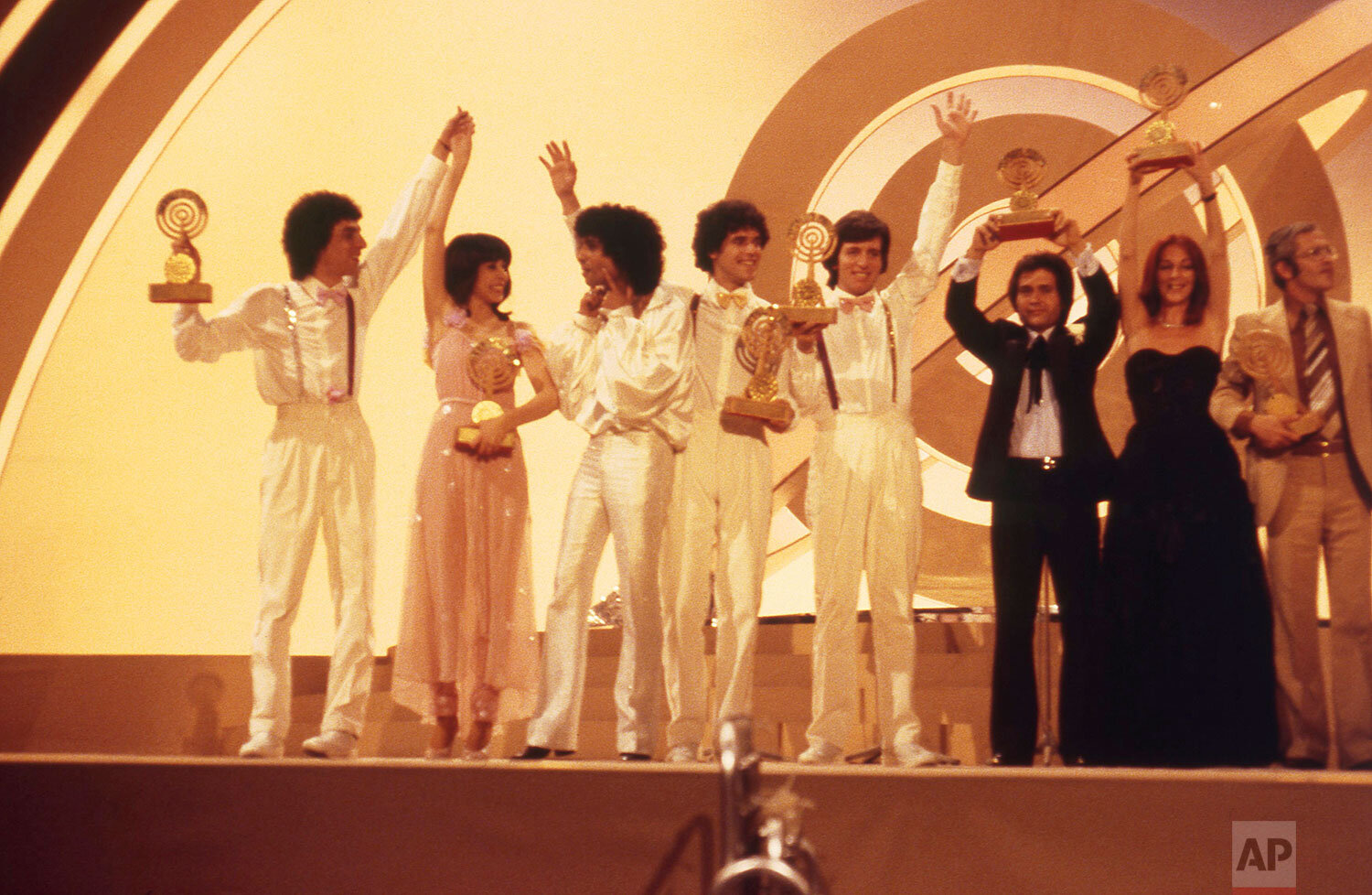 Israel's Milk and Honey and Gali Atari celebrate after their win in the annual Eurovision Song Contest in Jerusalem on March 31, 1979. (AP Photo/Aristotle Sariscostas) 
