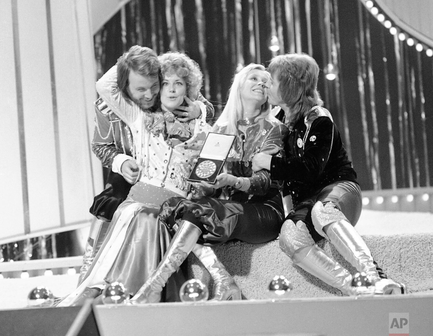  Swedish pop group ABBA celebrate winning the 1974 Eurovision Song Contest on stage at the Brighton Dome in England on April 6, 1974, with their song Waterloo. From left to right, Benny Andersson, Anni-Frid Lyngstad (Frida), Agnetha Faltskog, and Bjo