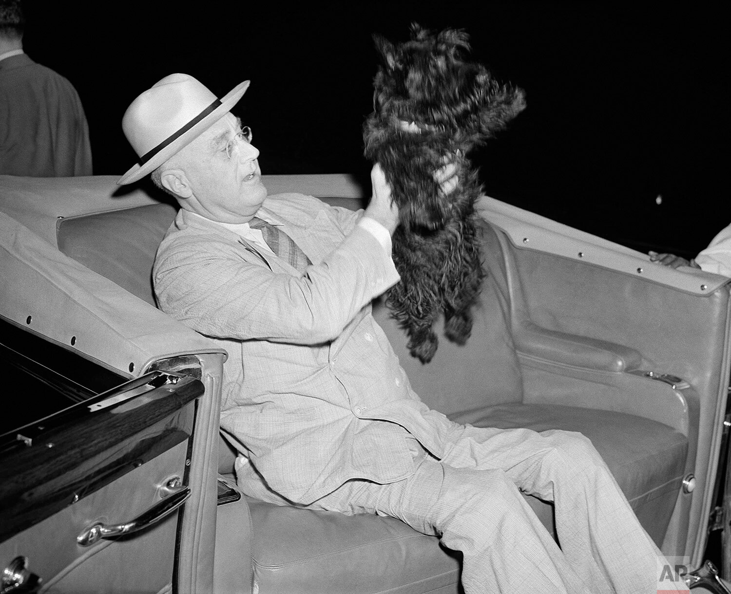  President Franklin D. Roosevelt lifts his dog Fala as he prepares to motor from his special train to the Yacht Potomac at New London, Conn., Aug. 3, 1941.  (AP Photo/George Skadding) 