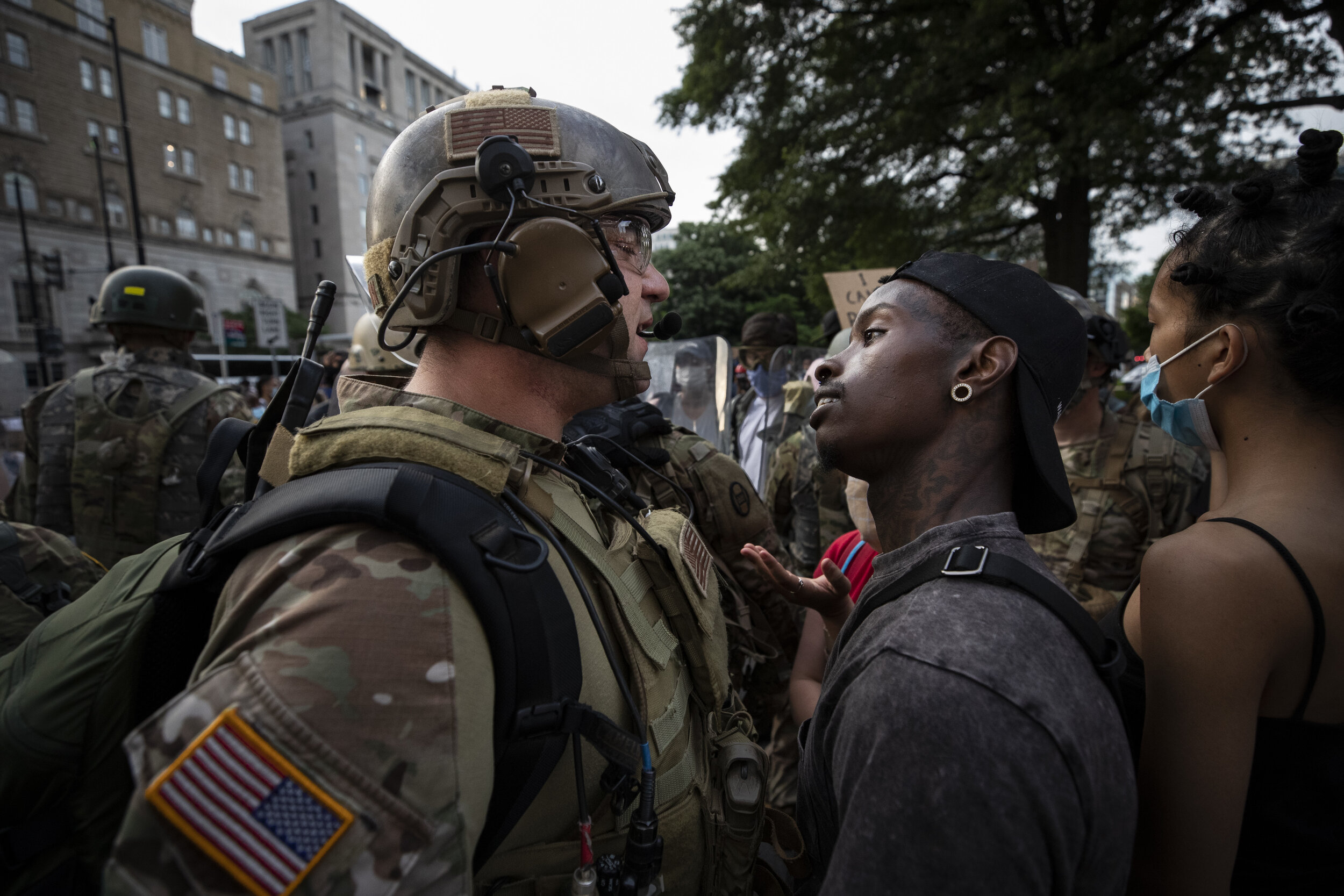  A demonstrator stares at a National Guard solider as protests continue over the death of George Floyd, June 3, 2020, near the White House in Washington, D.C. (AP Photo/Alex Brandon) 