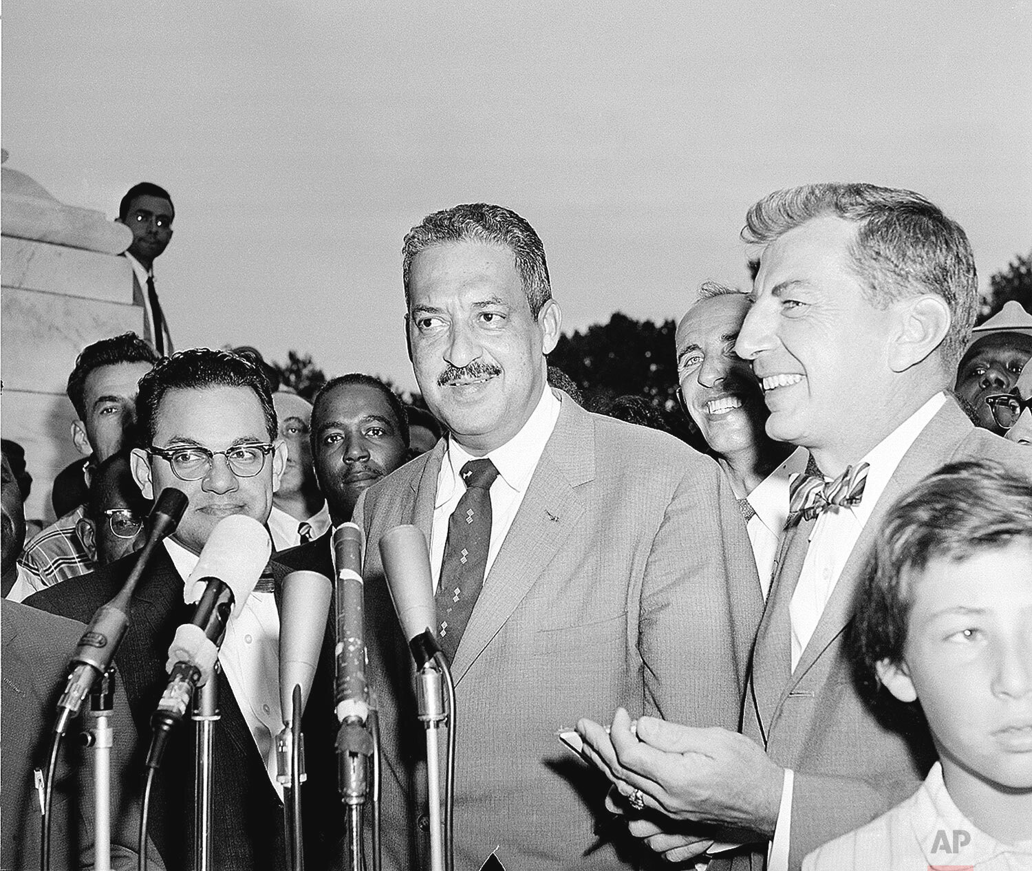  Thurgood Marshall, attorney for the National Association for the Advancement of Colored People (NAACP), speaks to reporters in Washington, D.C., Aug. 28, 1958.  Marshall argued the integration case for the NAACP before the Supreme Court in a special