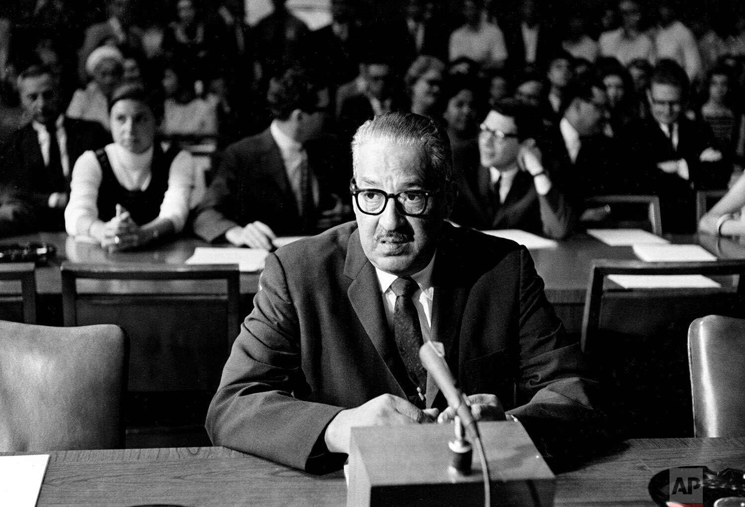  Solicitor General Thurgood Marshall, nominated by President Lyndon B. Johnson to the U.S. Supreme Court, sits at the witness table before testifying on his fitness for the post before the Senate Judiciary Committee, in Washington, July 18, 1967. (AP