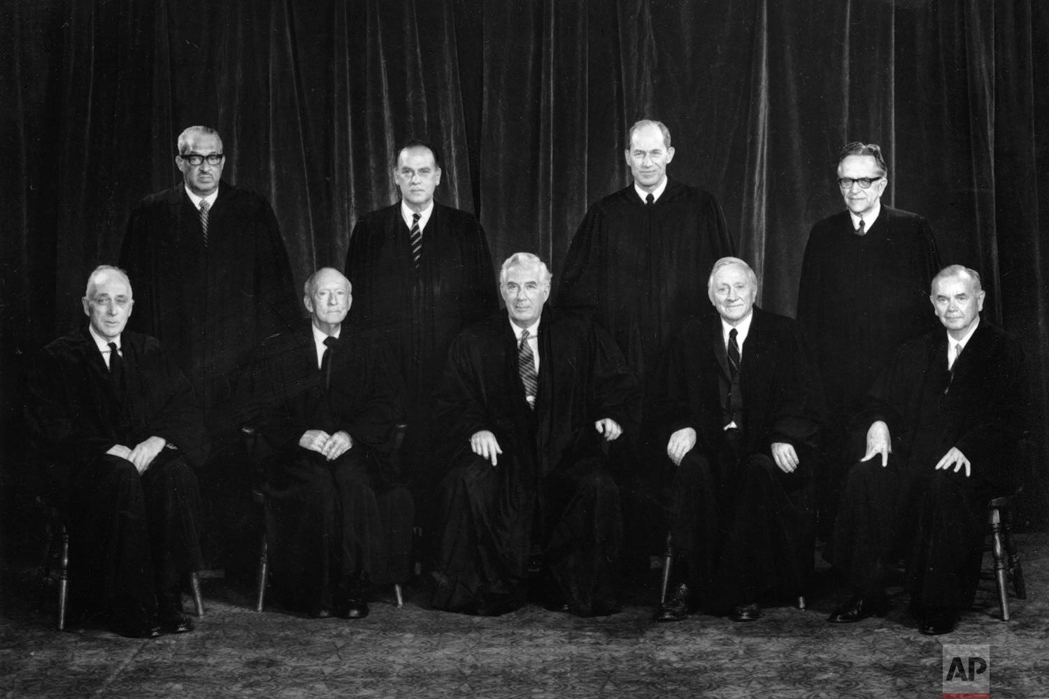  This is a Jan. 1971 photo of members of the U.S. Supreme Court in Washington, D.C.  Seated from left are, Associate Justices John W. Harlan and Hugo Black; Chief Justice Warren E. Burger; Associate Justices William O. Douglas and William Brennan Jr.