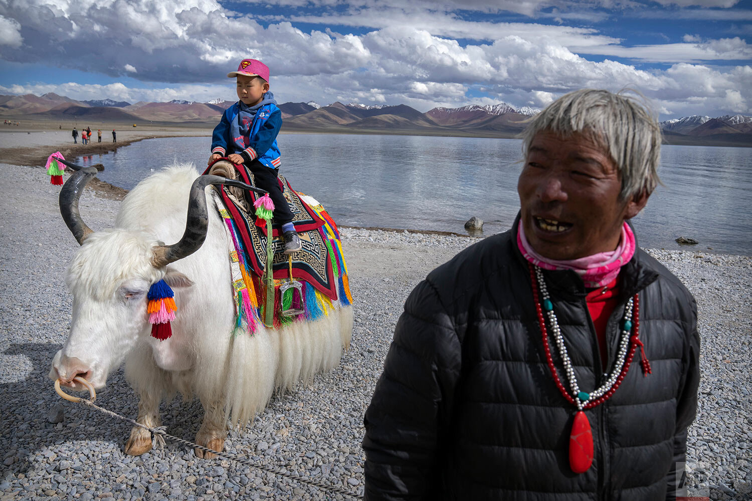  A Tibetan man stands nearby as a young tourist poses for photos on a white yak at the shore of the lake in Namtso in western China's Tibet Autonomous Region, as seen during a government organized visit for foreign journalists, Wednesday, June 2, 202