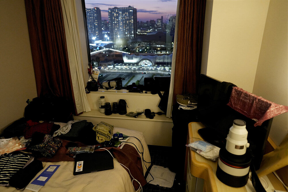  Associated Press photographer Natacha Pisarenko’s gear and clothes sit in her room at the Tokyo Bay Washington Bay Ariake Hotel on Monday, July 19, 2021. (AP Photo/Natacha Pisarenko) 