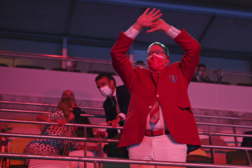  U.S. Prince Albert II of Monaco watches during the opening ceremony in the Olympic Stadium at the 2020 Summer Olympics, Friday, July 23, 2021, in Tokyo, Japan. (Dylan Martinez/Pool Photo via AP) 