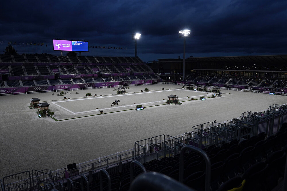  Estonia's Dina Ellermann, riding Donna Anna, competes during the dressage Grand Prix competition at an empty Equestrian Park the 2020 Summer Olympics, Saturday, July 24, 2021, in Tokyo, Japan. (AP Photo/Carolyn Kaster) 