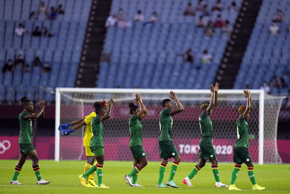  Zambia's players react after a women's soccer match against China at the 2020 Summer Olympics, Saturday, July 24, 2021, in Miyagi, Japan. China and Zambia were tied 4-4. (AP Photo/Andre Penner) 