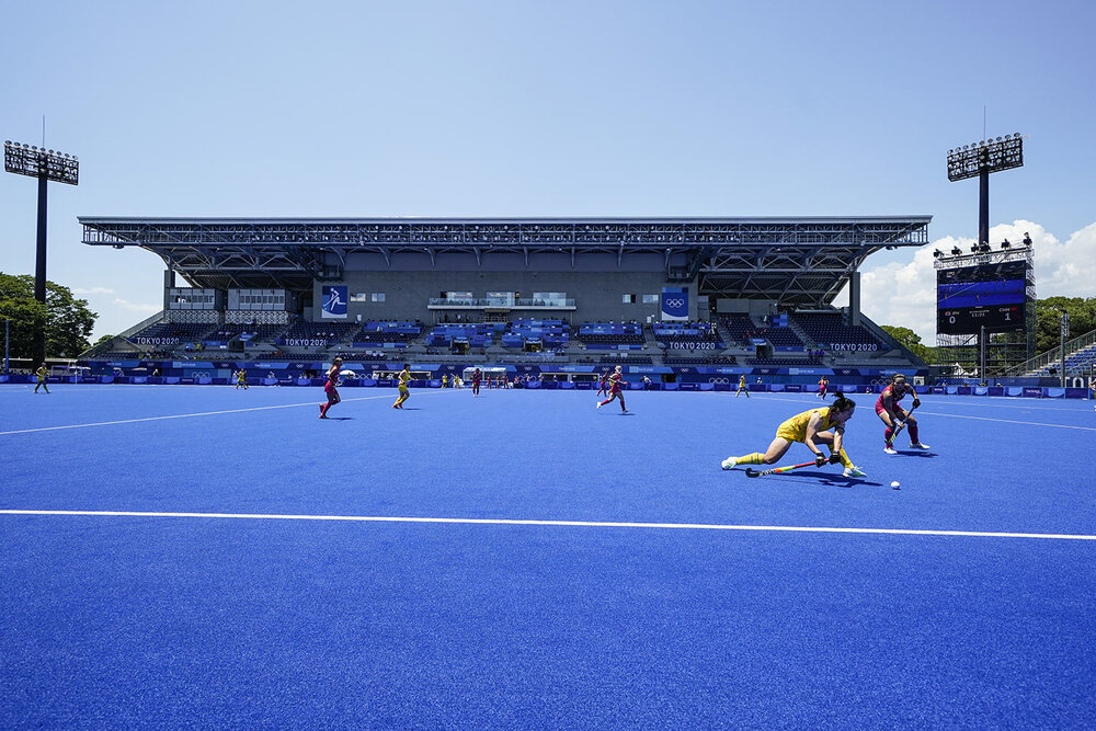  Stands remain empty of fans due to COVID-19 restrictions on the north pitch of the Oi Hockey Stadium during a women's field hockey match between China and Japan at the 2020 Summer Olympics, Sunday, July 25, 2021, in Tokyo, Japan. (AP Photo/John Minc
